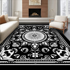 Ornate Black White Sunburst Paisley Rug