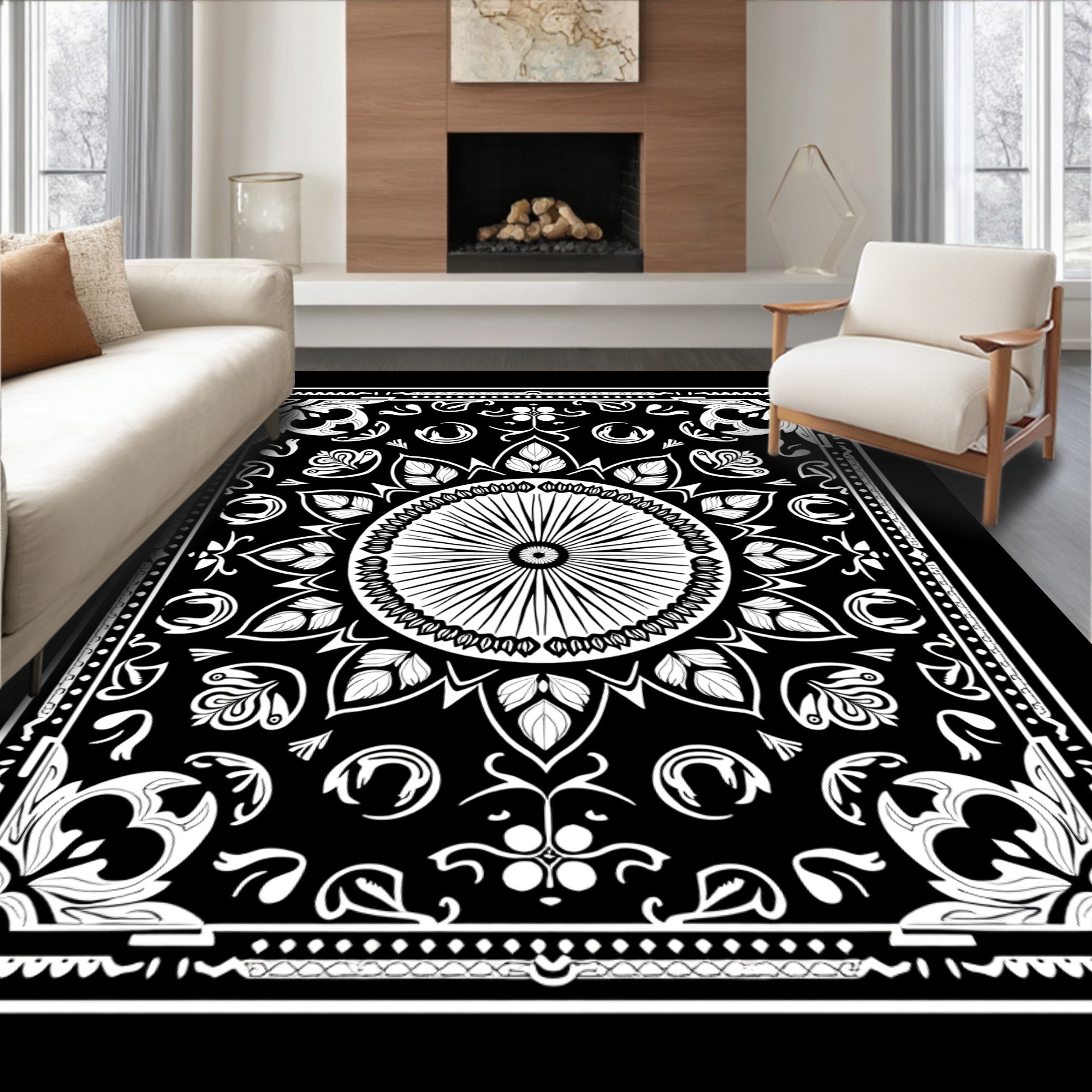 Ornate Black White Sunburst Paisley Rug