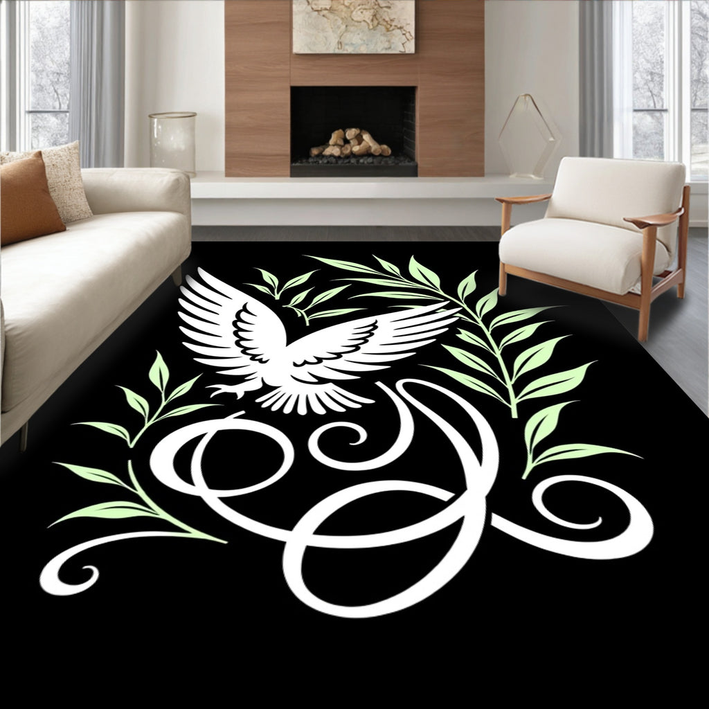 White Eagle Green Foliage Calligraphy Rug