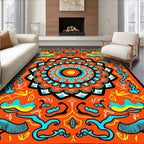 Orange Medallion Sun Turquoise Flames Rug