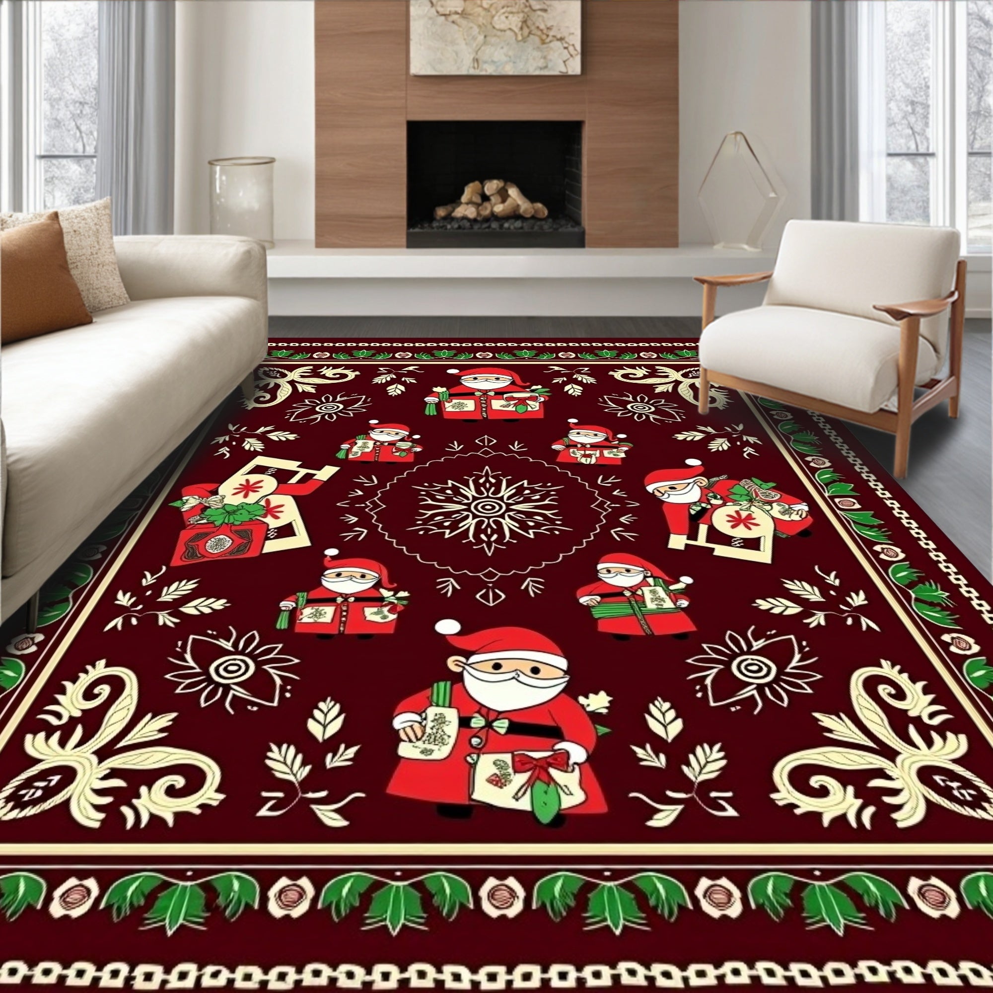 Festive Red Santa Claus Holiday Medallion Rug