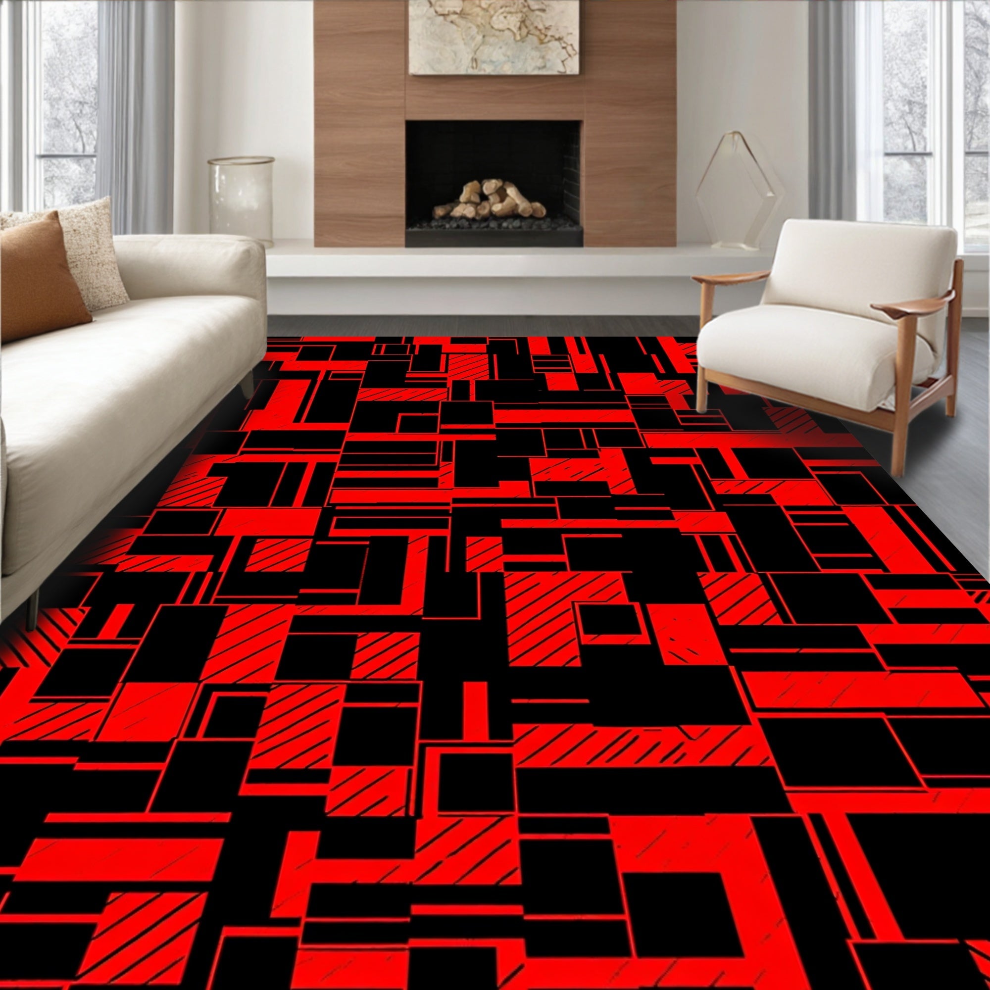 Red Black Geometric Rectangles Harmony Rug