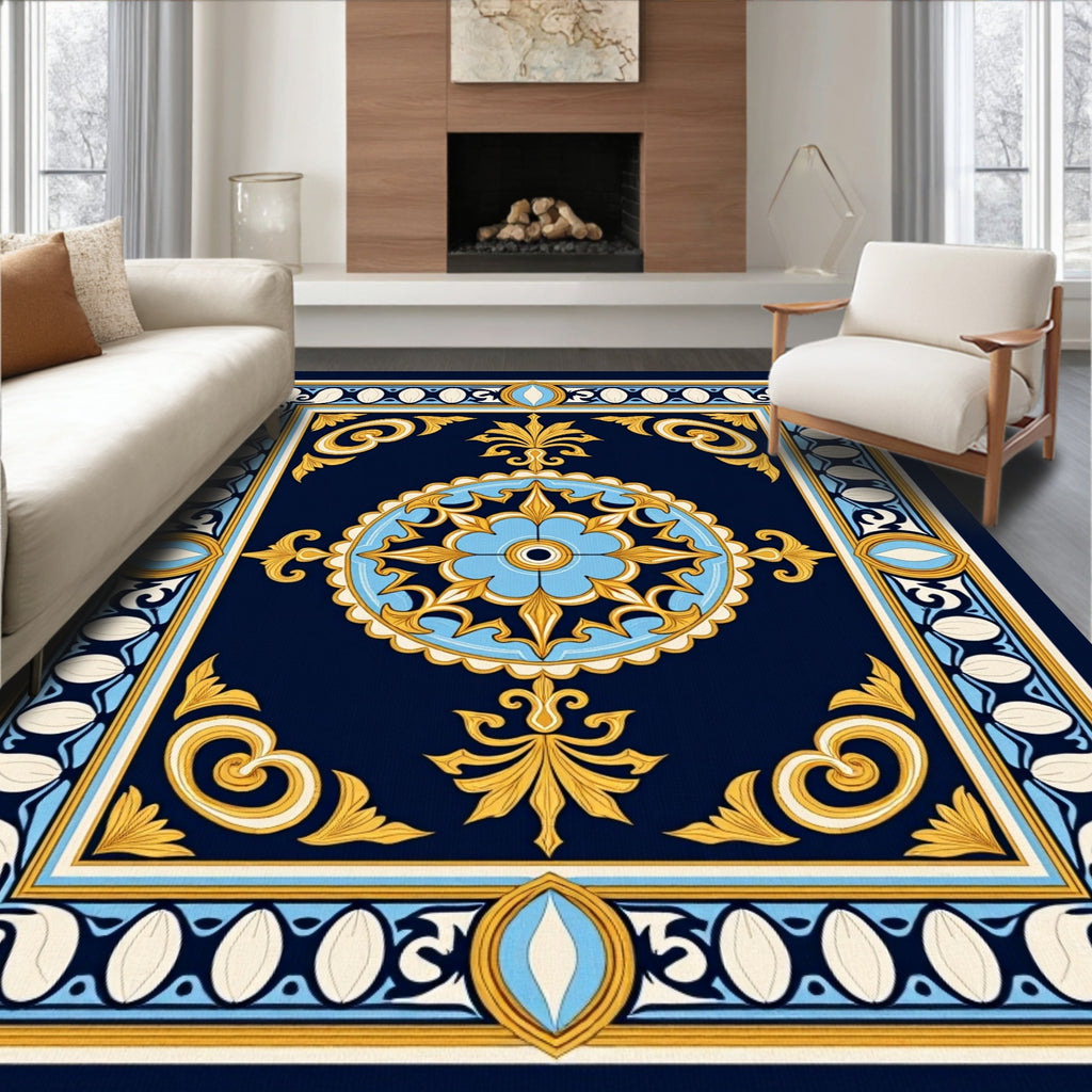 Navy Blue Floral Medallion Frame Rug