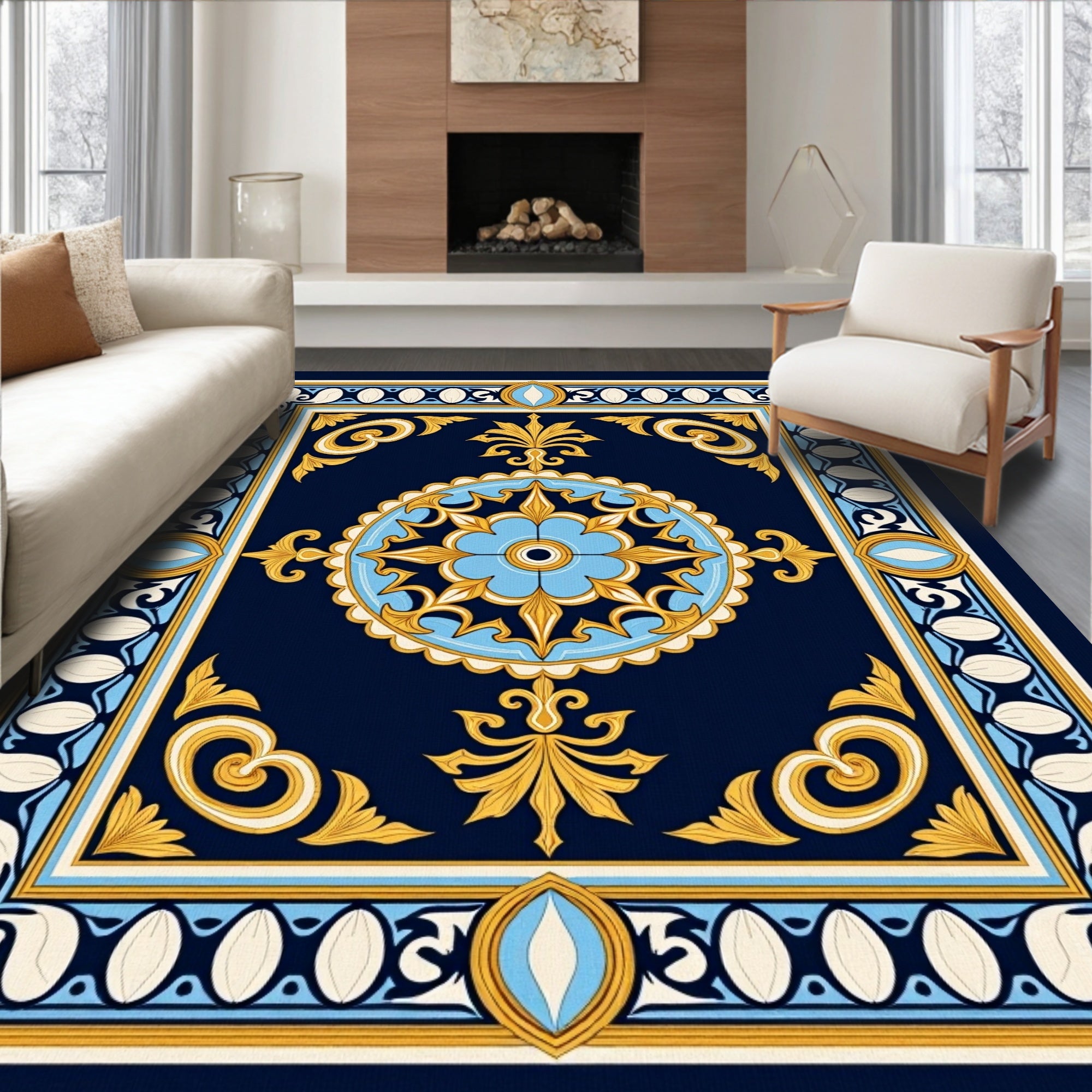 Navy Blue Floral Medallion Frame Rug