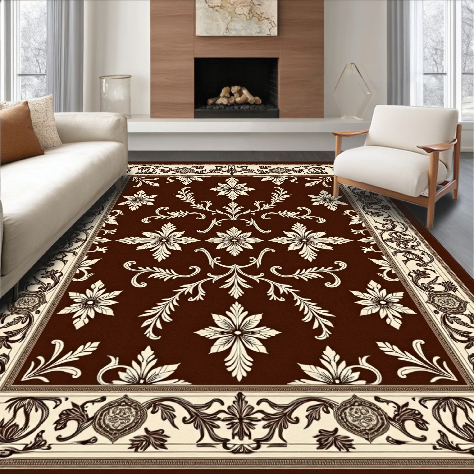 Rich Brown Floral Scroll Medallion Rug