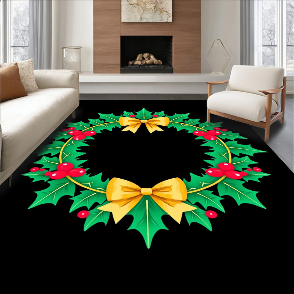 Festive Green Holly Red Berry Yellow Bow Rug