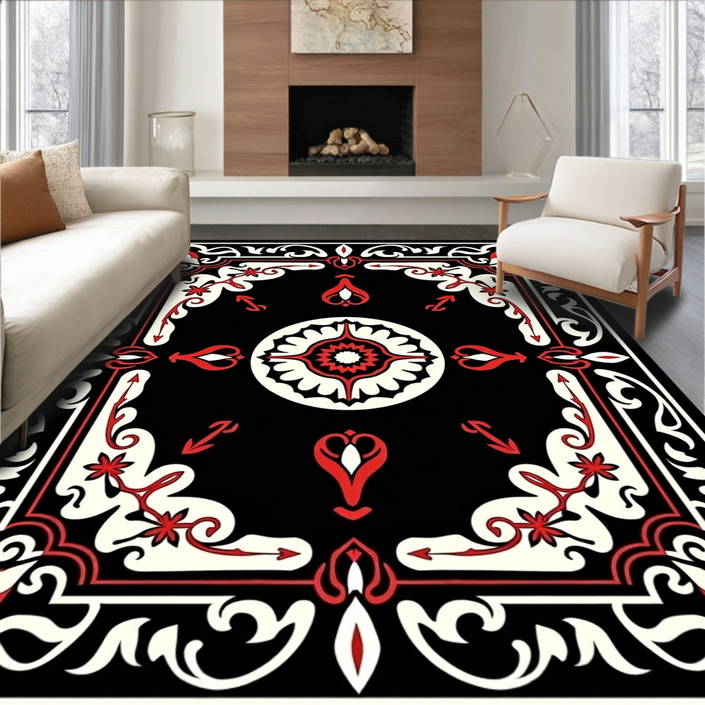 Crimson Black Floral Medallion Frame Rug