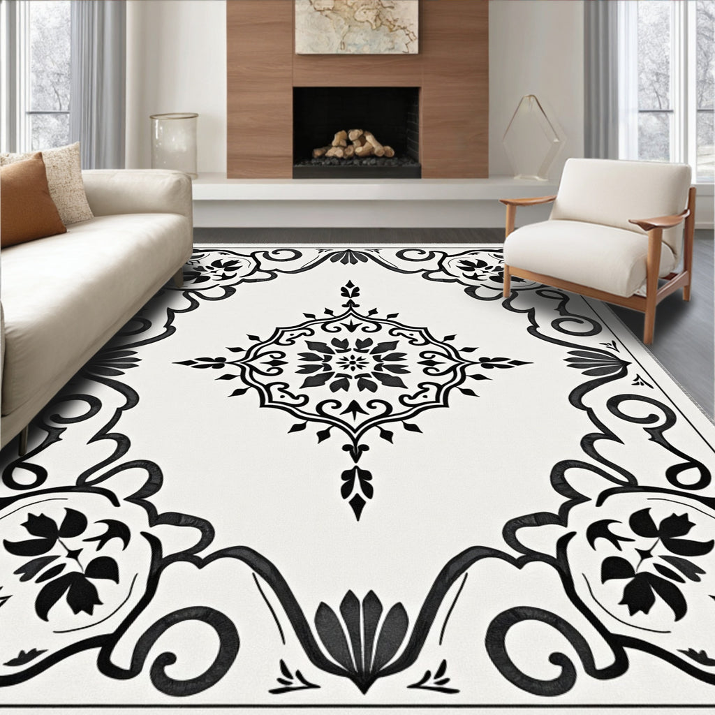 Black White Classic Floral Medallion Rug
