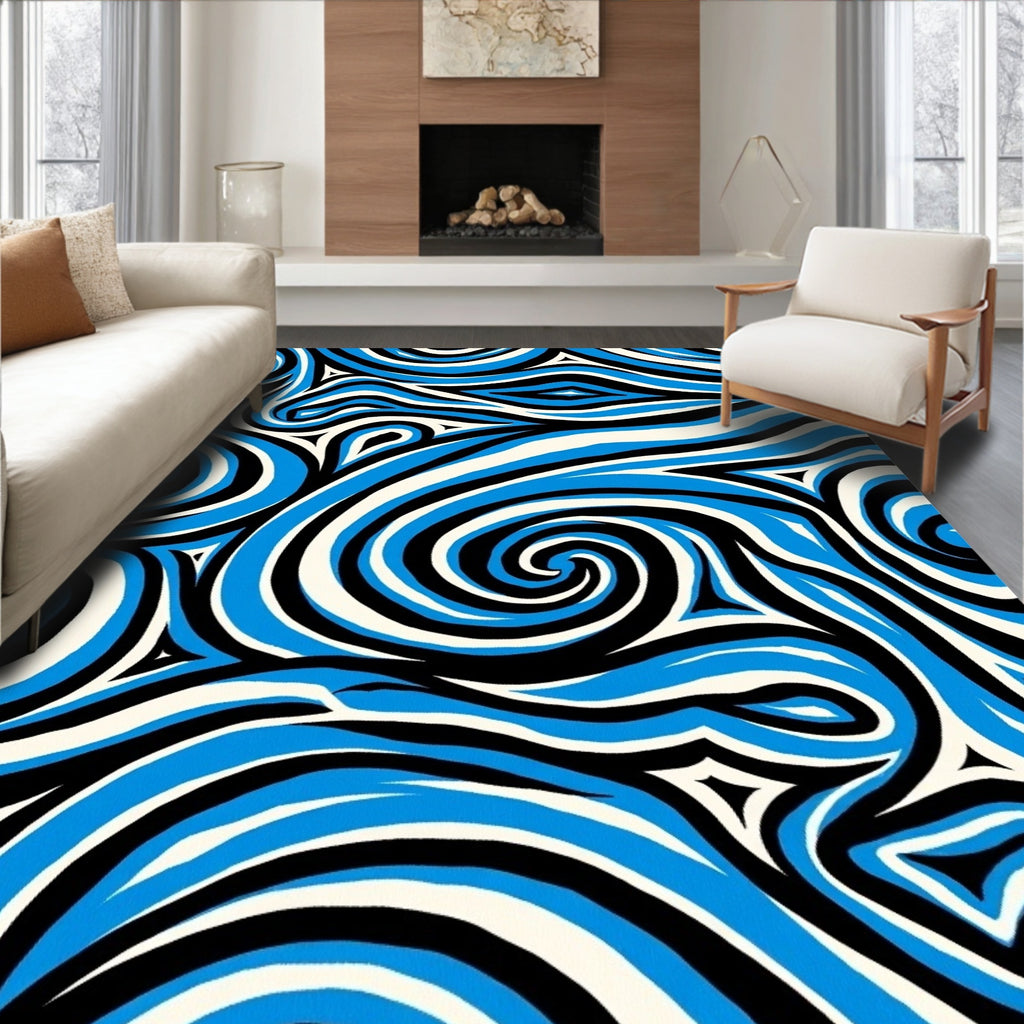 Abstract Blue Black Cream Swirl Rug