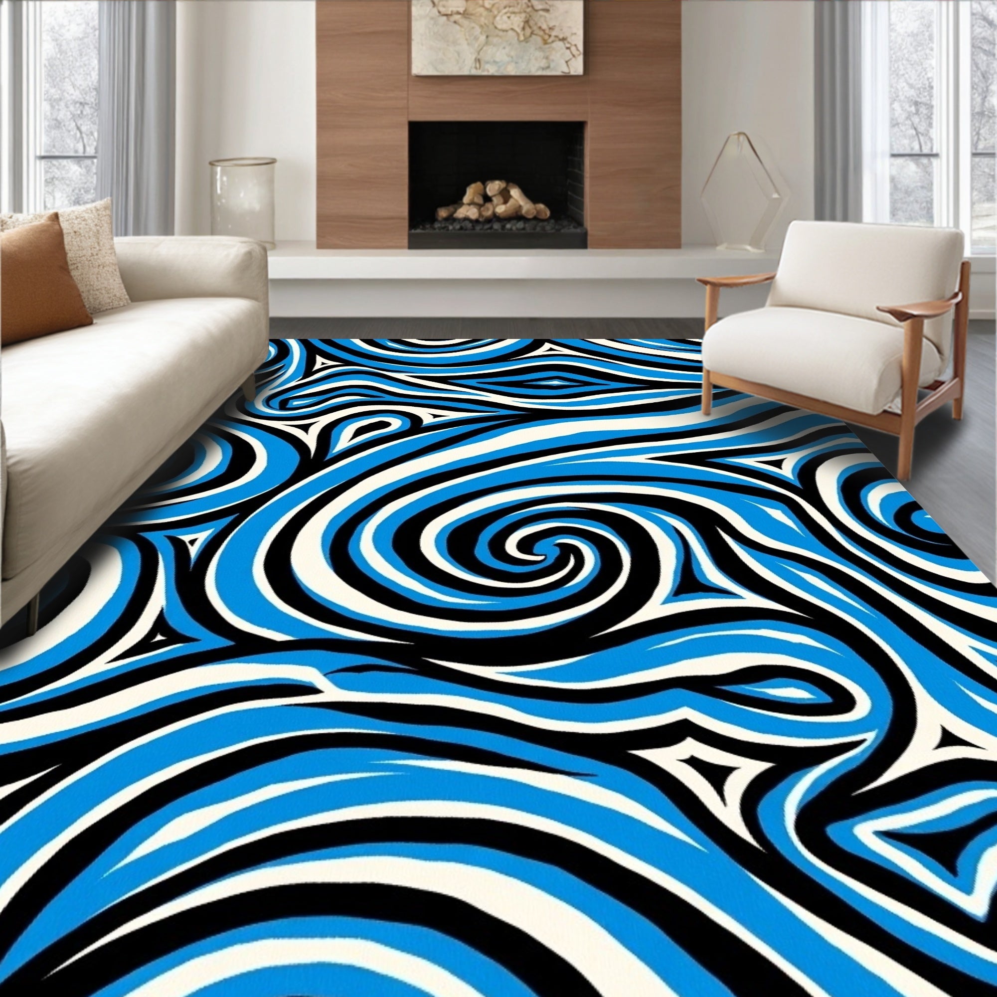 Abstract Blue Black Cream Swirl Rug