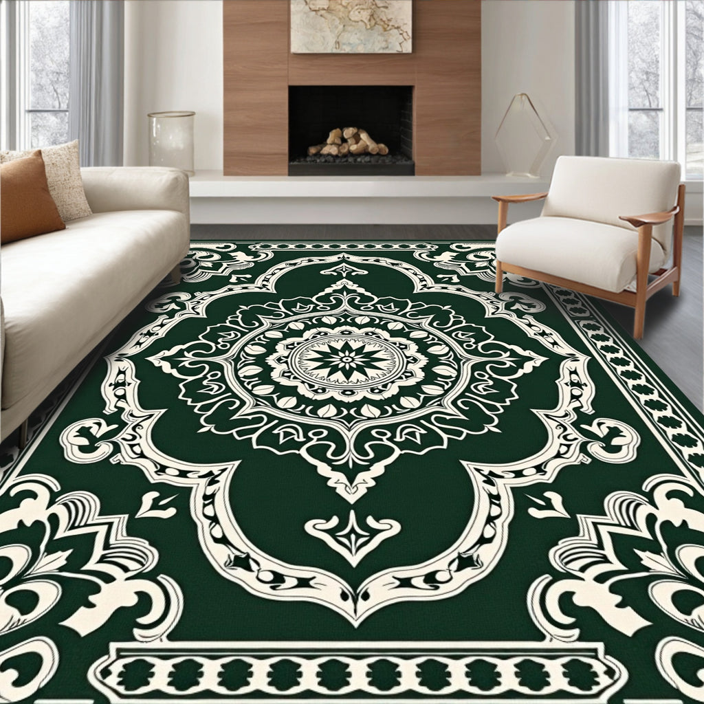 Elegant Green Ivory Medallion Rug