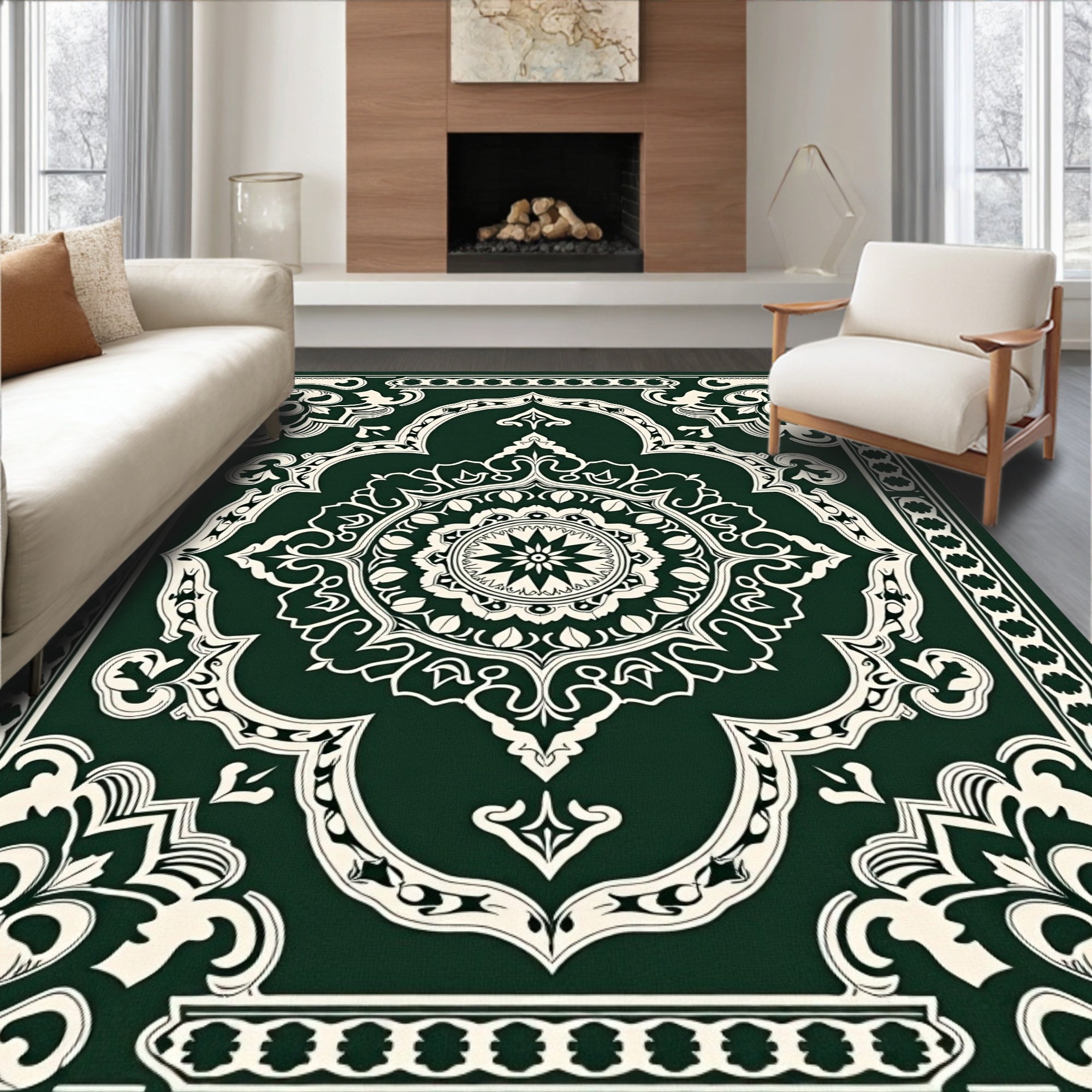 Elegant Green Ivory Medallion Rug