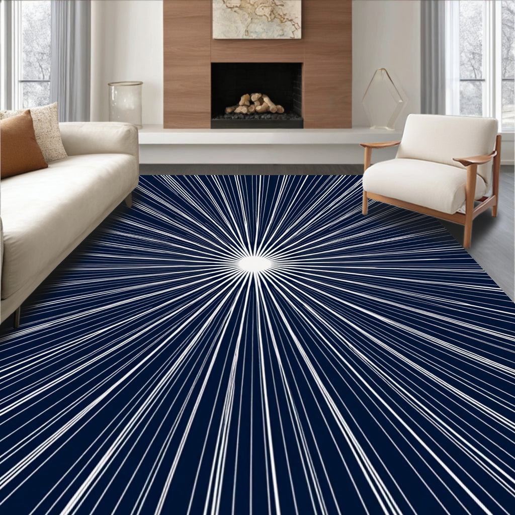 Radiant White Lines Deep Blue Abstract Rug