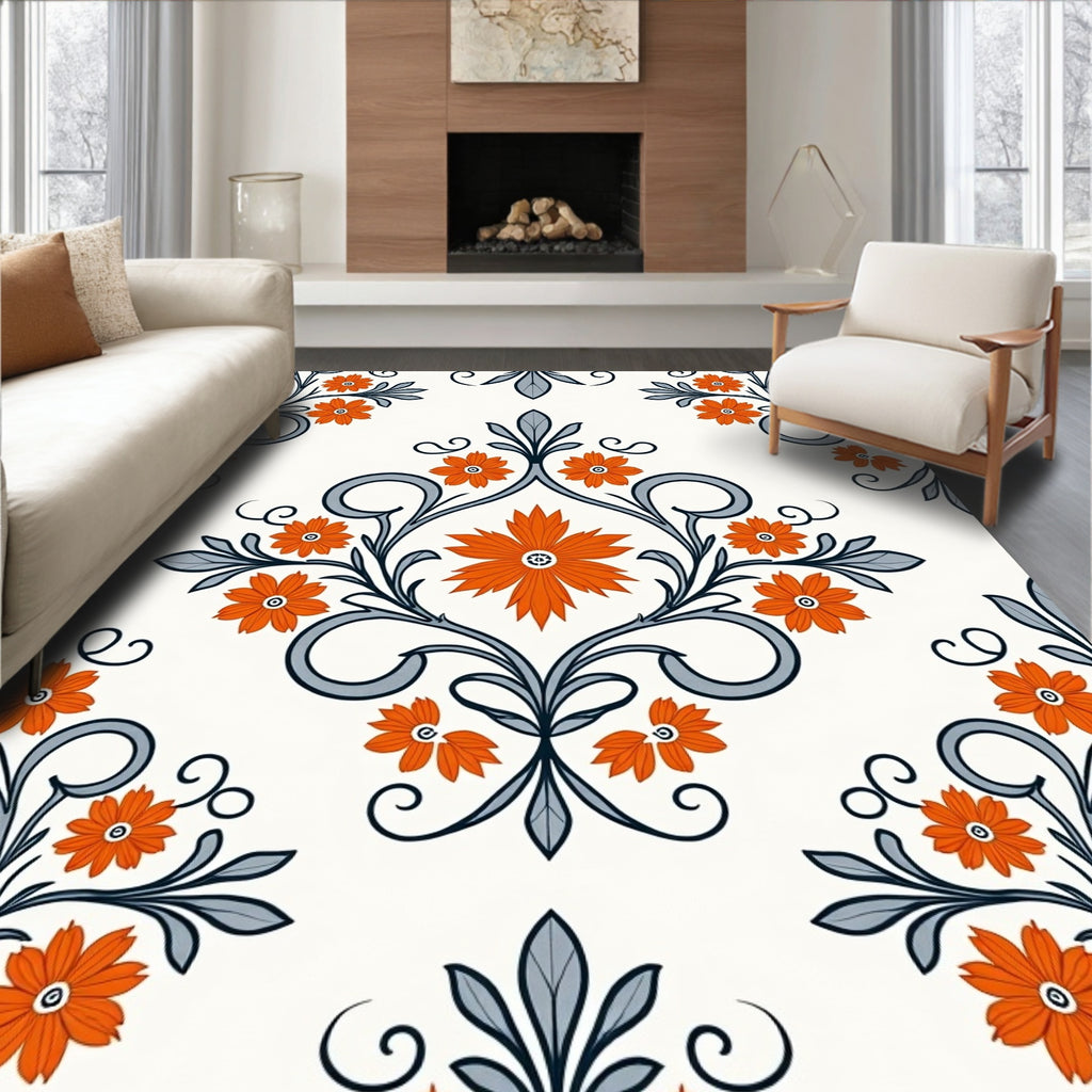 Vibrant Orange Floral Damask Swirl Rug