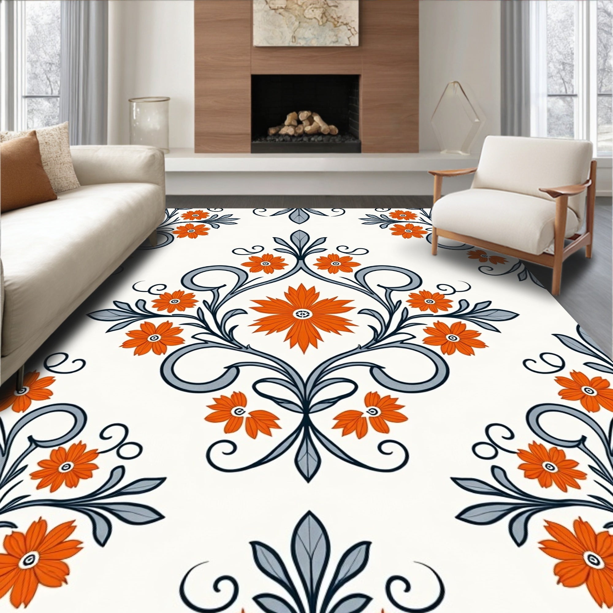 Vibrant Orange Floral Damask Swirl Rug