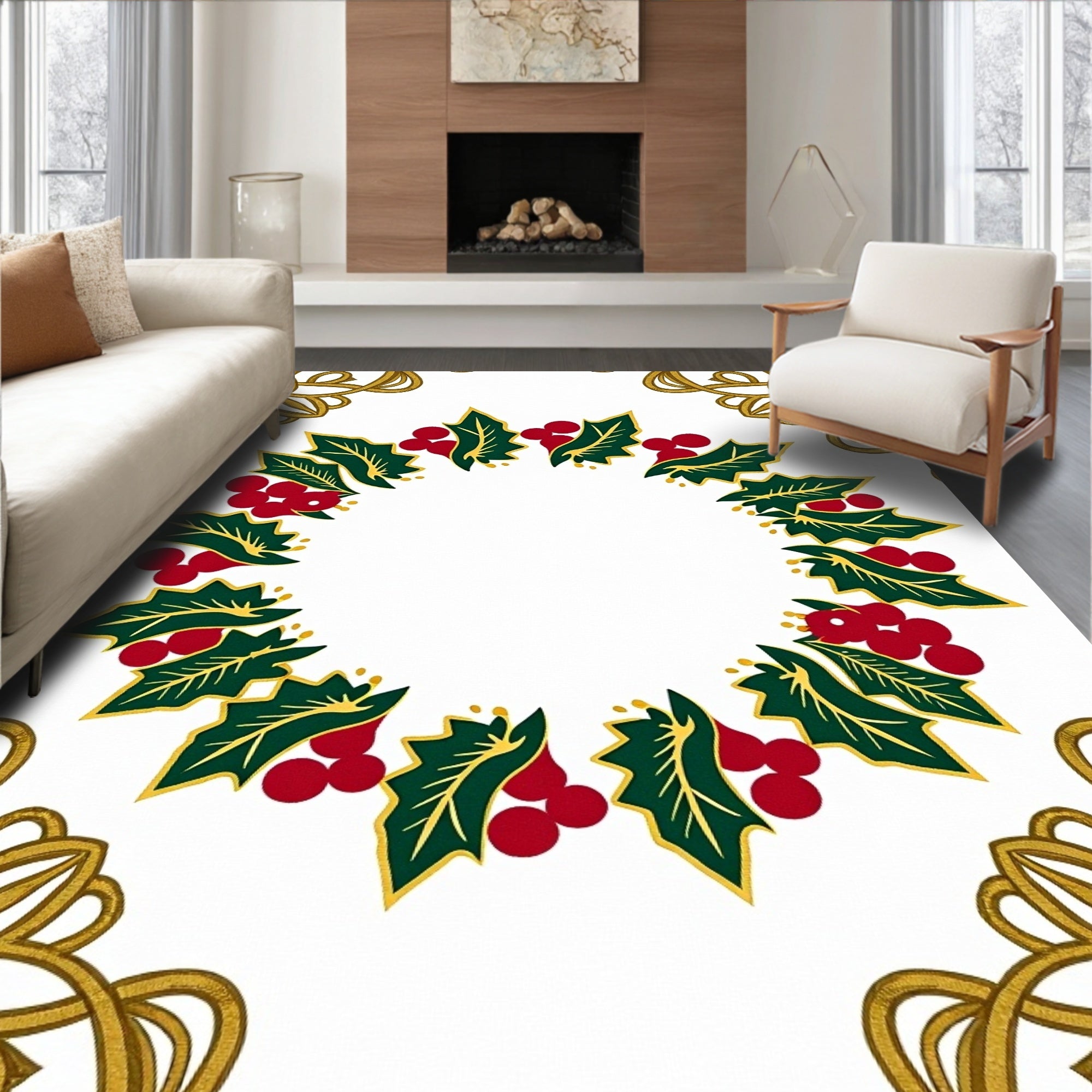 Festive Holly Berry Garland Gold Border Rug