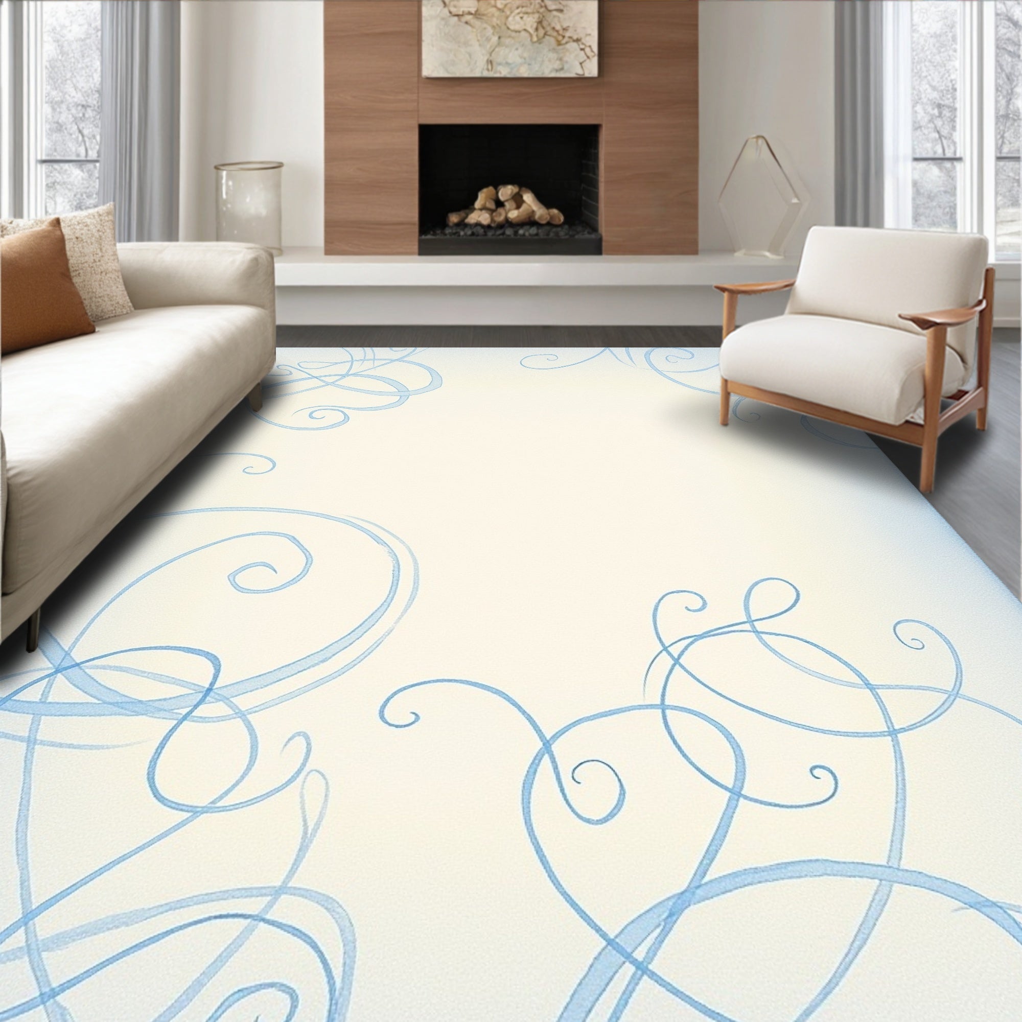 Delicate Sky Blue Swirl Abstract Rug