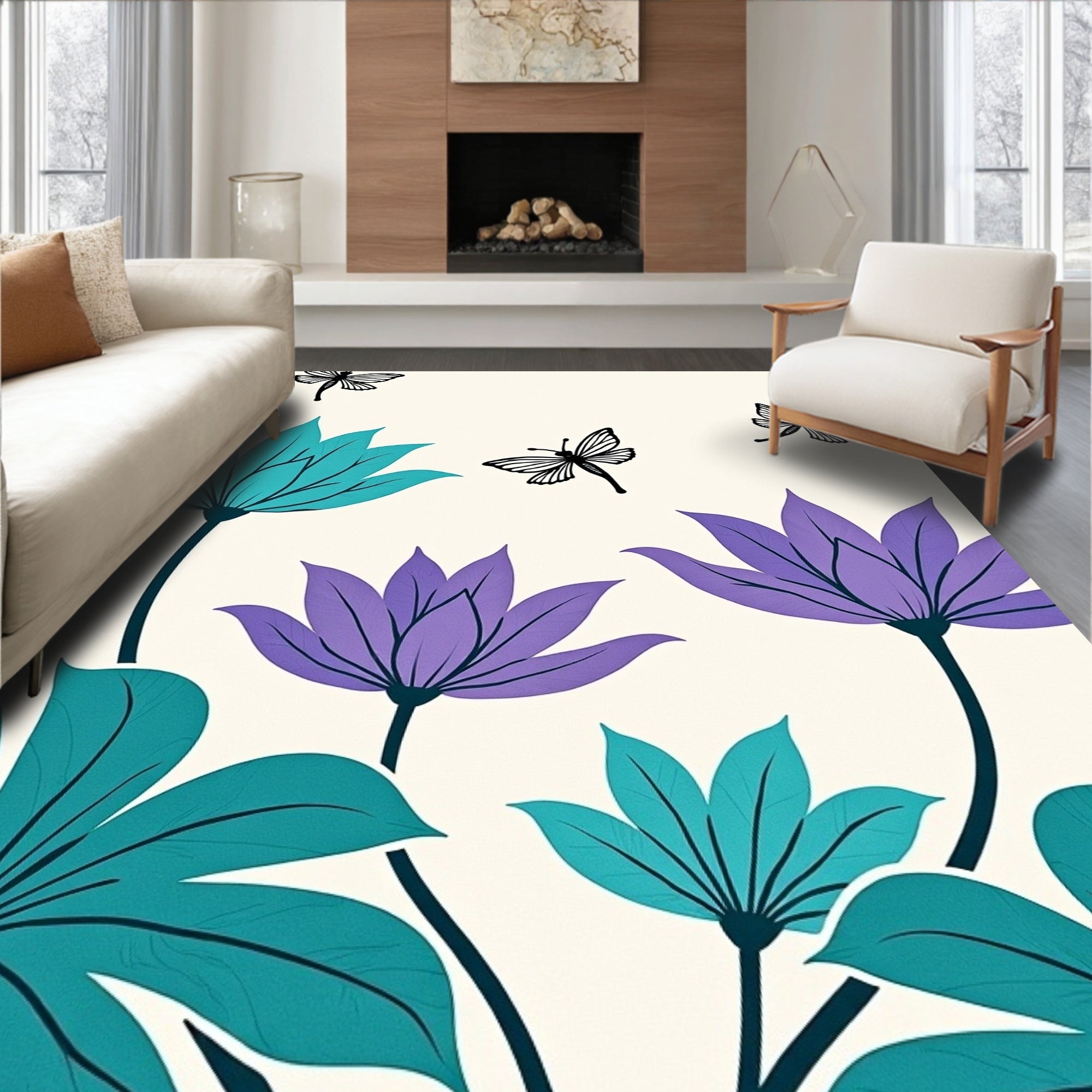 Teal Purple Floral Dragonflies Rug