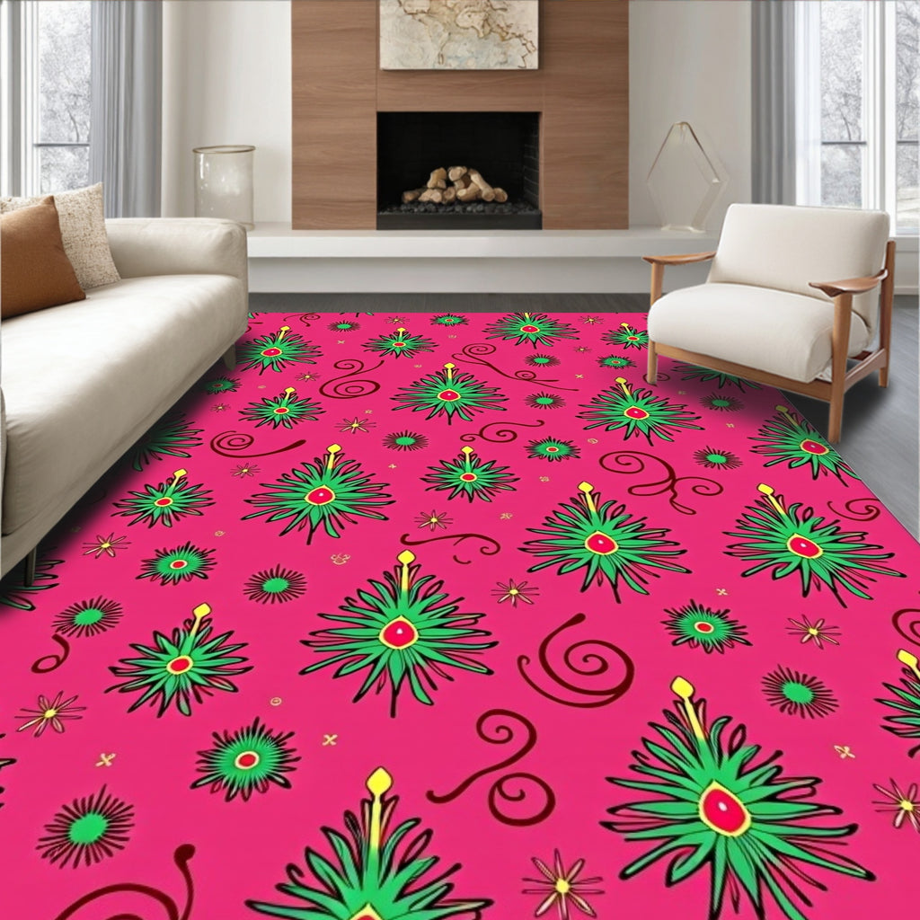 Whimsical Pink Christmas Tree Swirl Rug