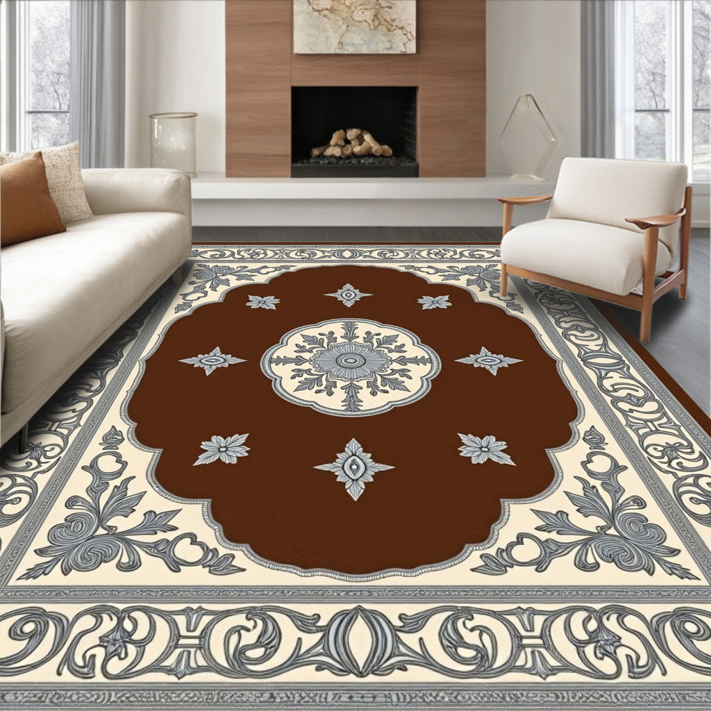 Rich Brown Floral Scroll Medallion Rug
