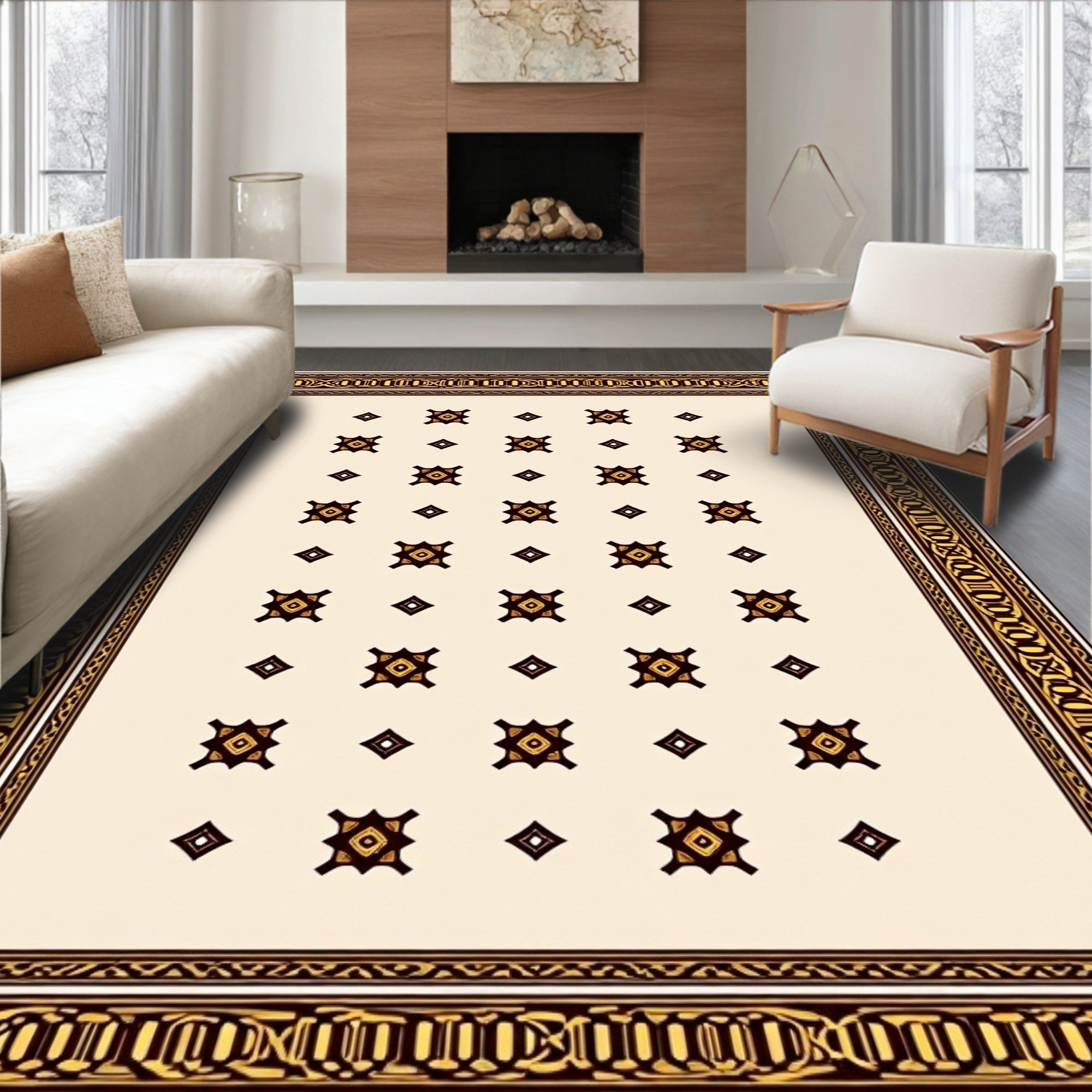 Cream and Gold Ornate Geometric Rug