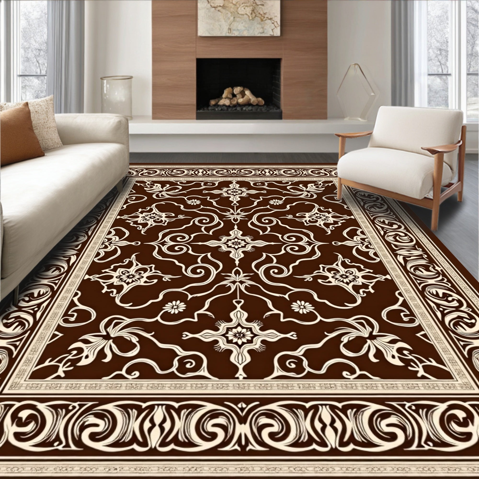 Rich Brown Garden Scroll Rug
