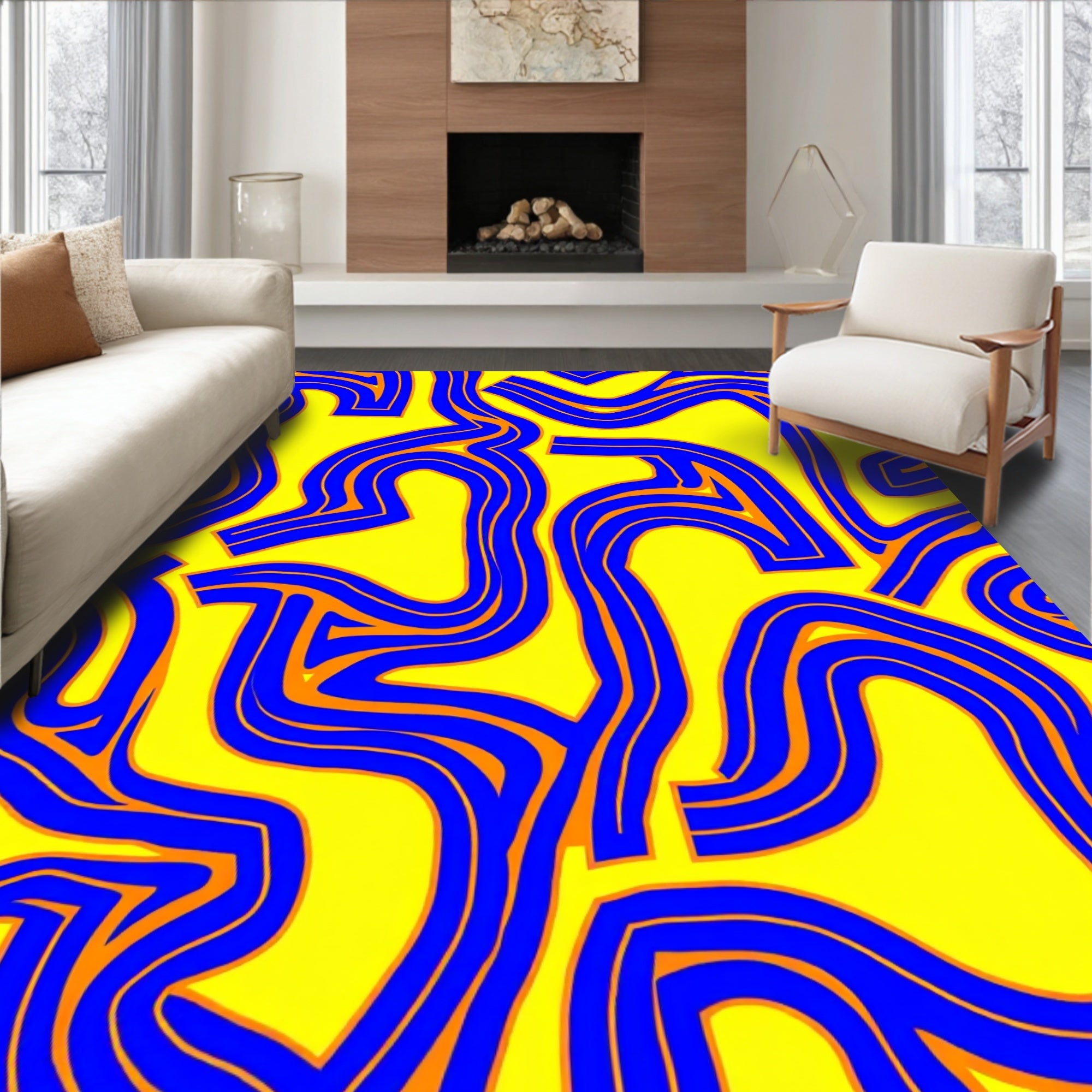 Electric Yellow Blue Curving Abstract Rug
