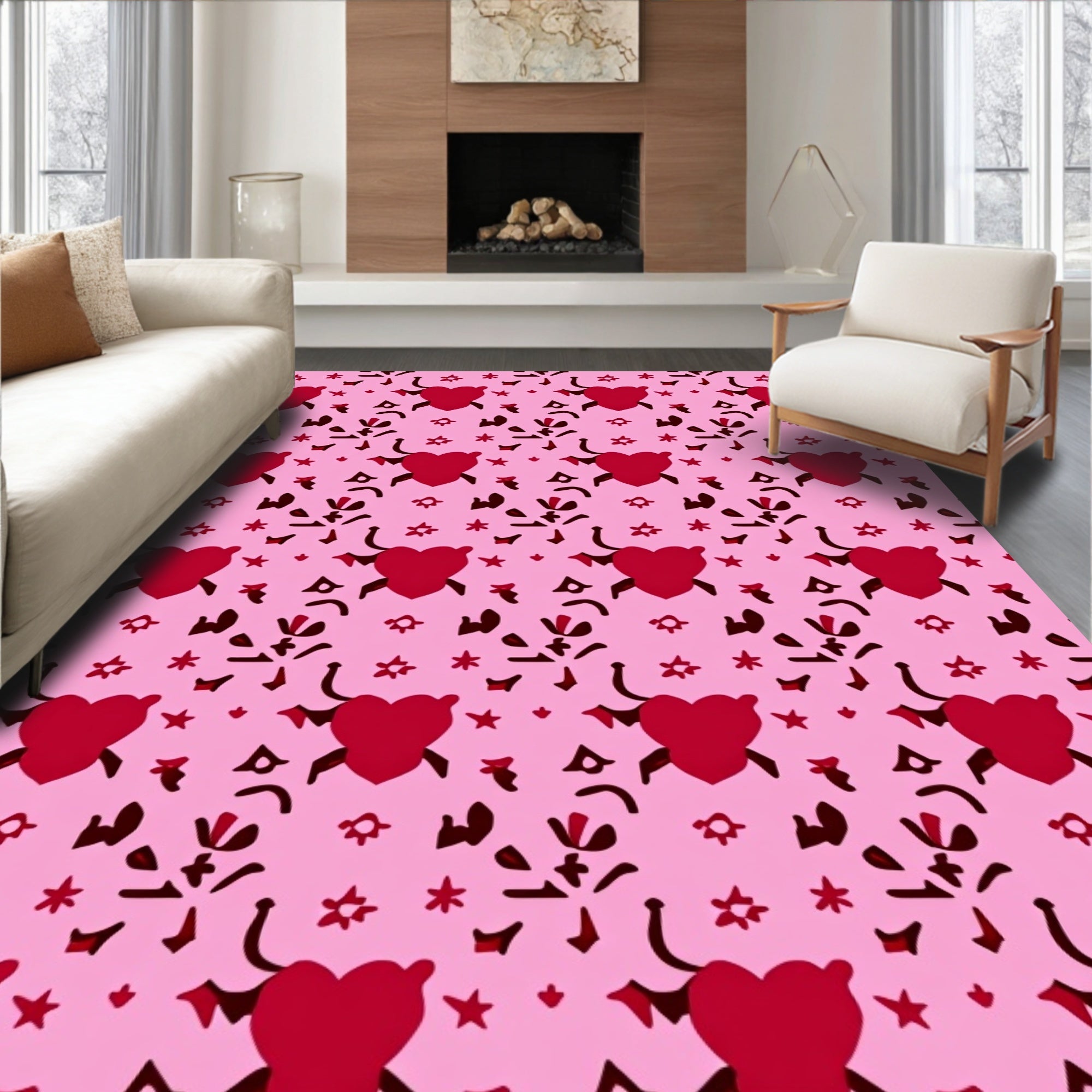Pink Red Heart Scatter Rug