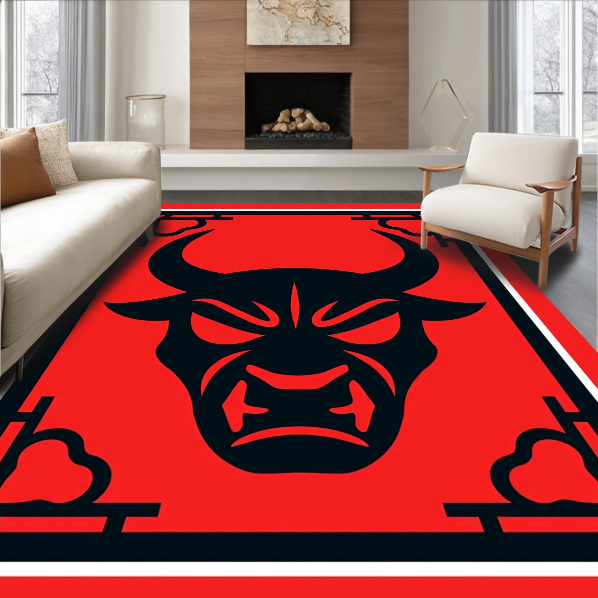 Bold Black Bull Head Minimalist Rug