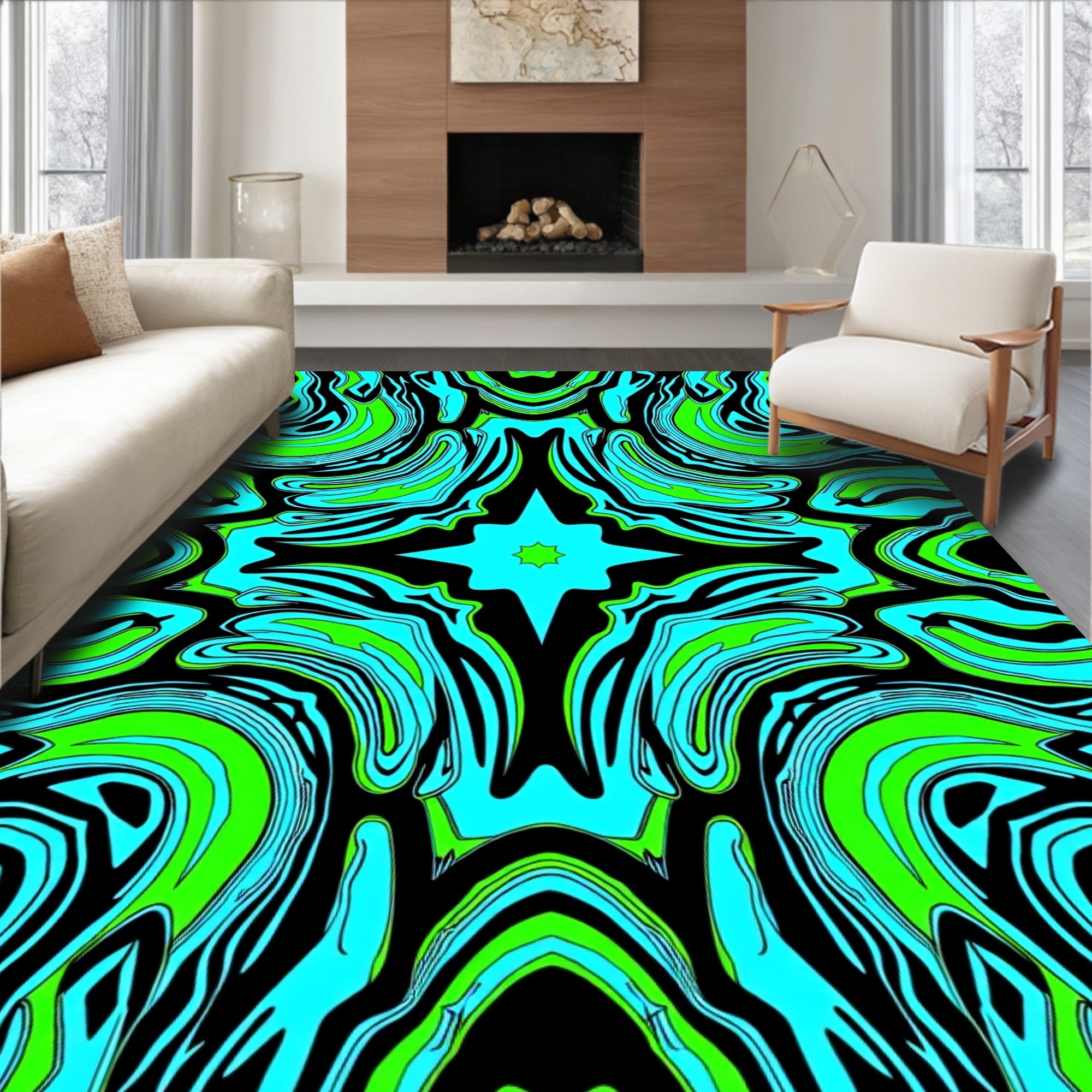 Vibrant Blue Green Swirl Symmetry Rug