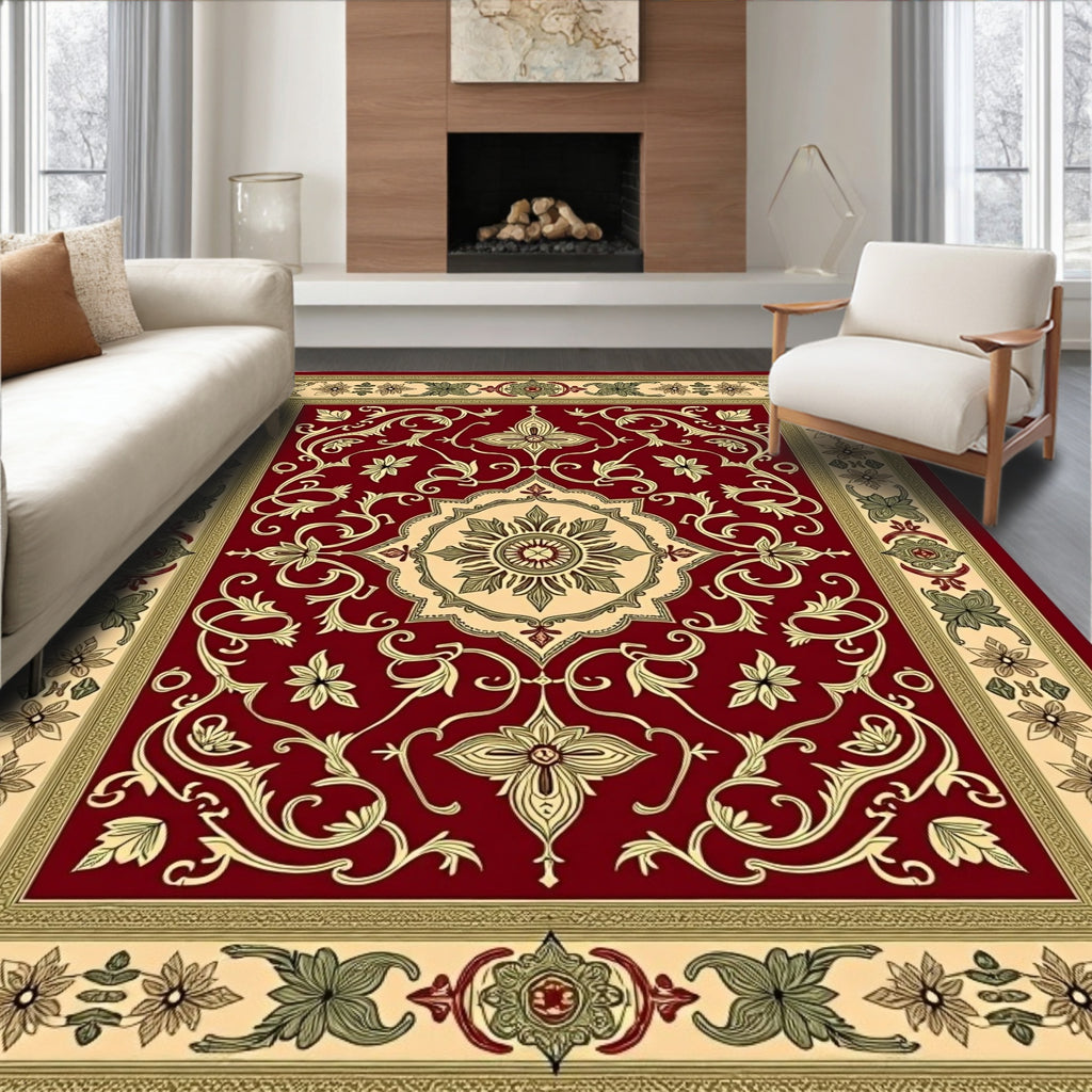 Crimson and Cream Floral Border Medallion Rug