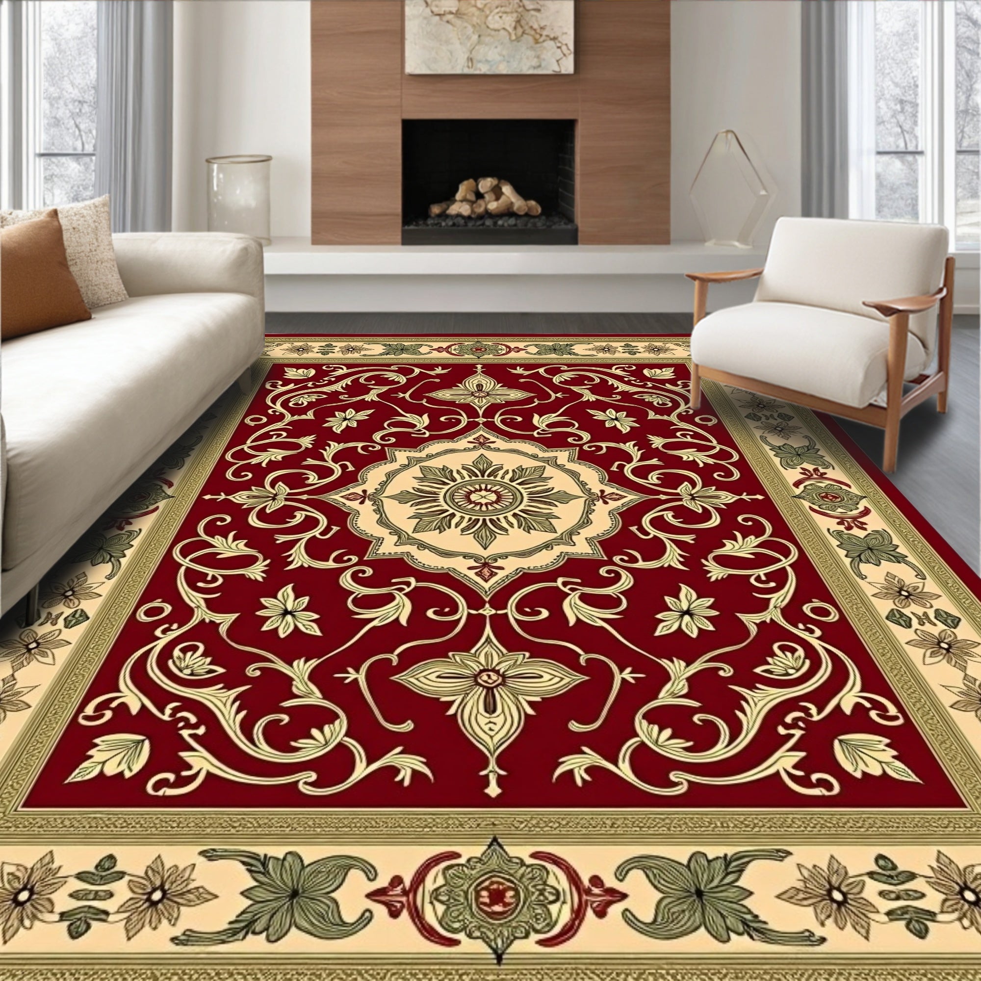 Crimson and Cream Floral Border Medallion Rug