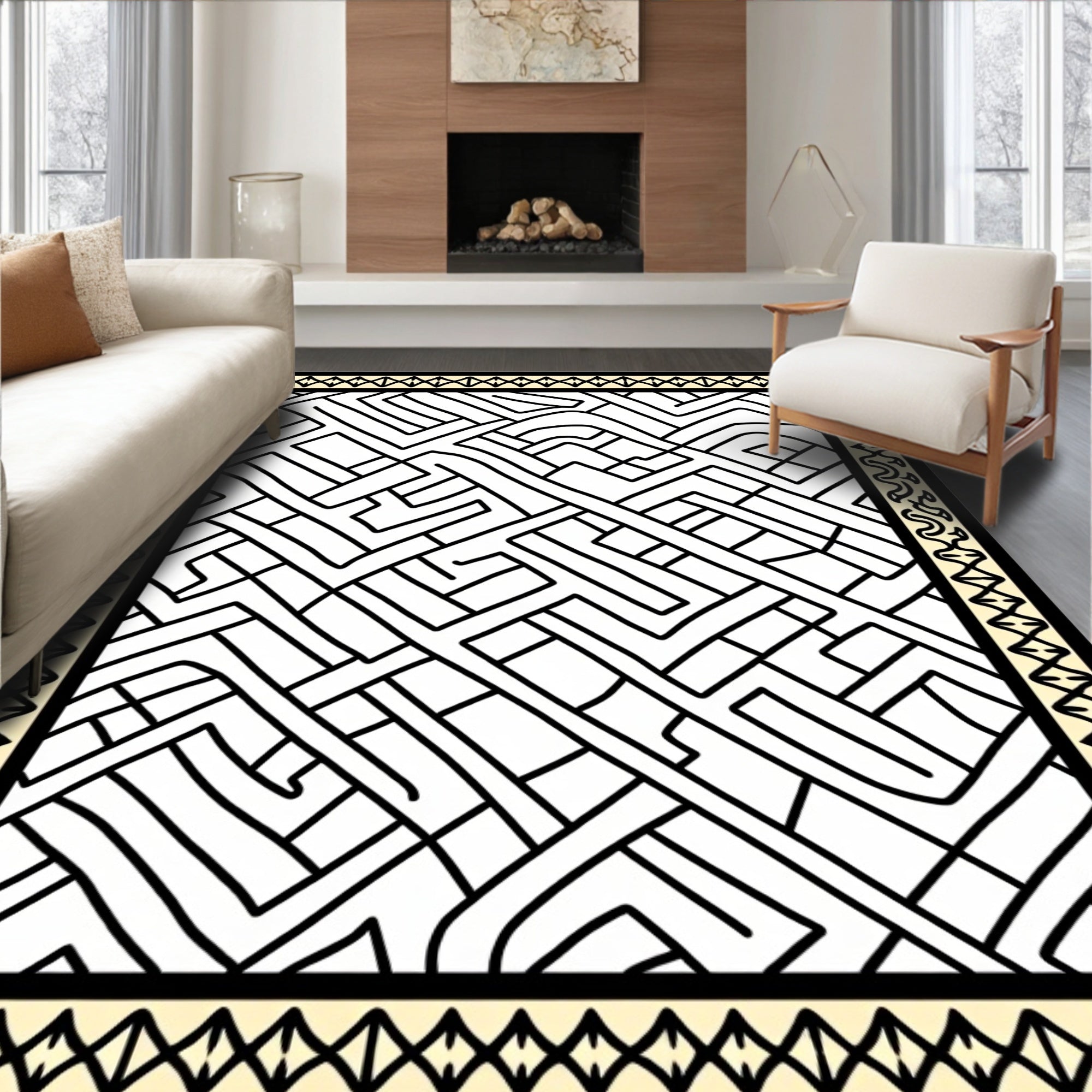 Bold Black Geometric Maze Rug