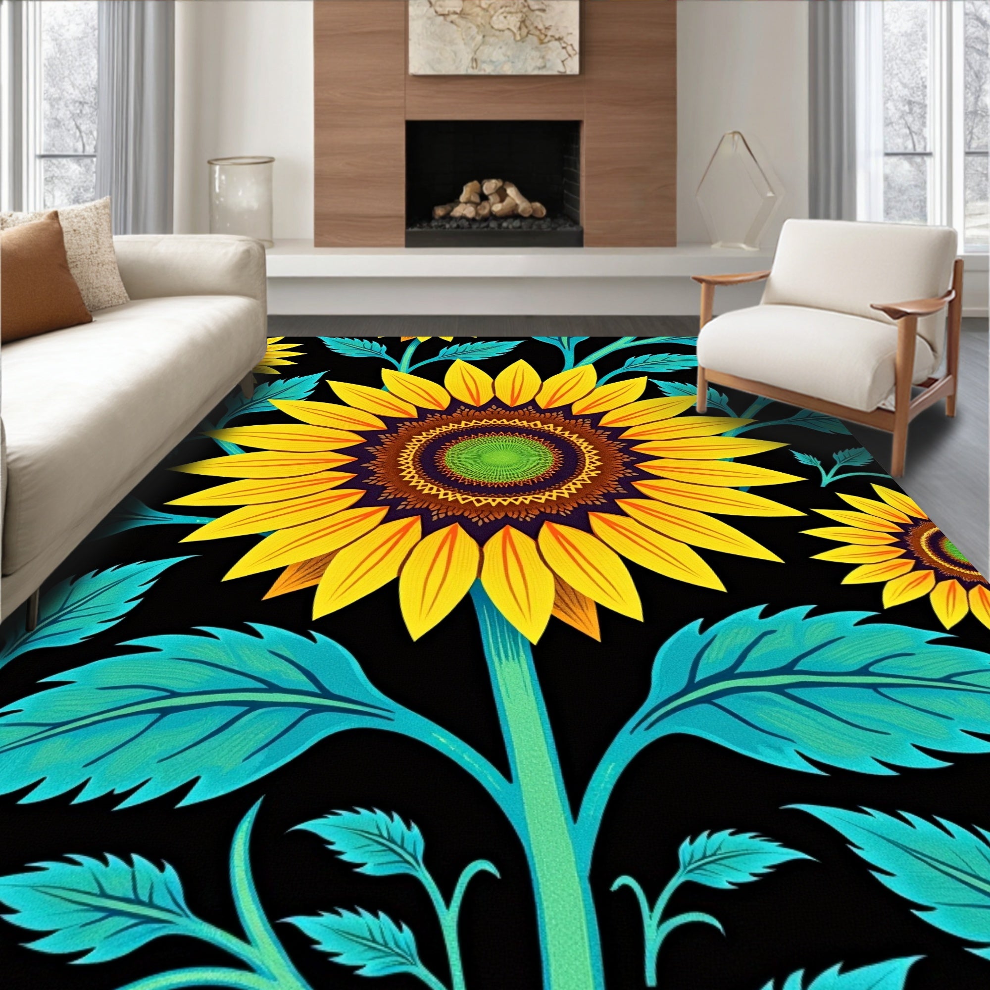 Vibrant Yellow Sunflower Art Nouveau Rug