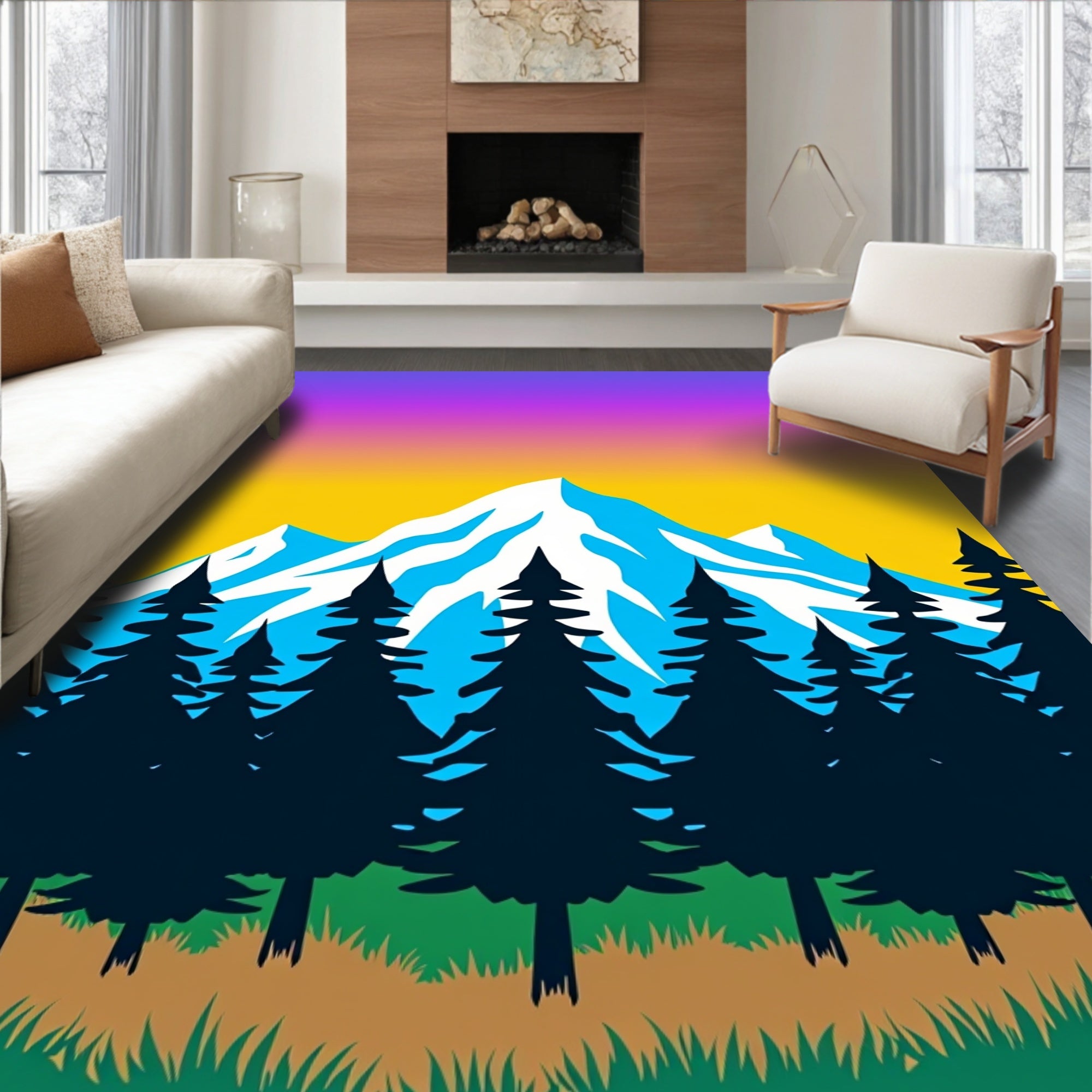Vibrant Mountain Forest Sunset Rug