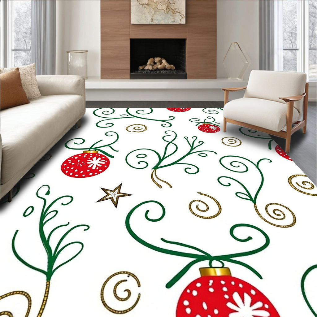 Red Christmas Ornaments Green Swirls Rug