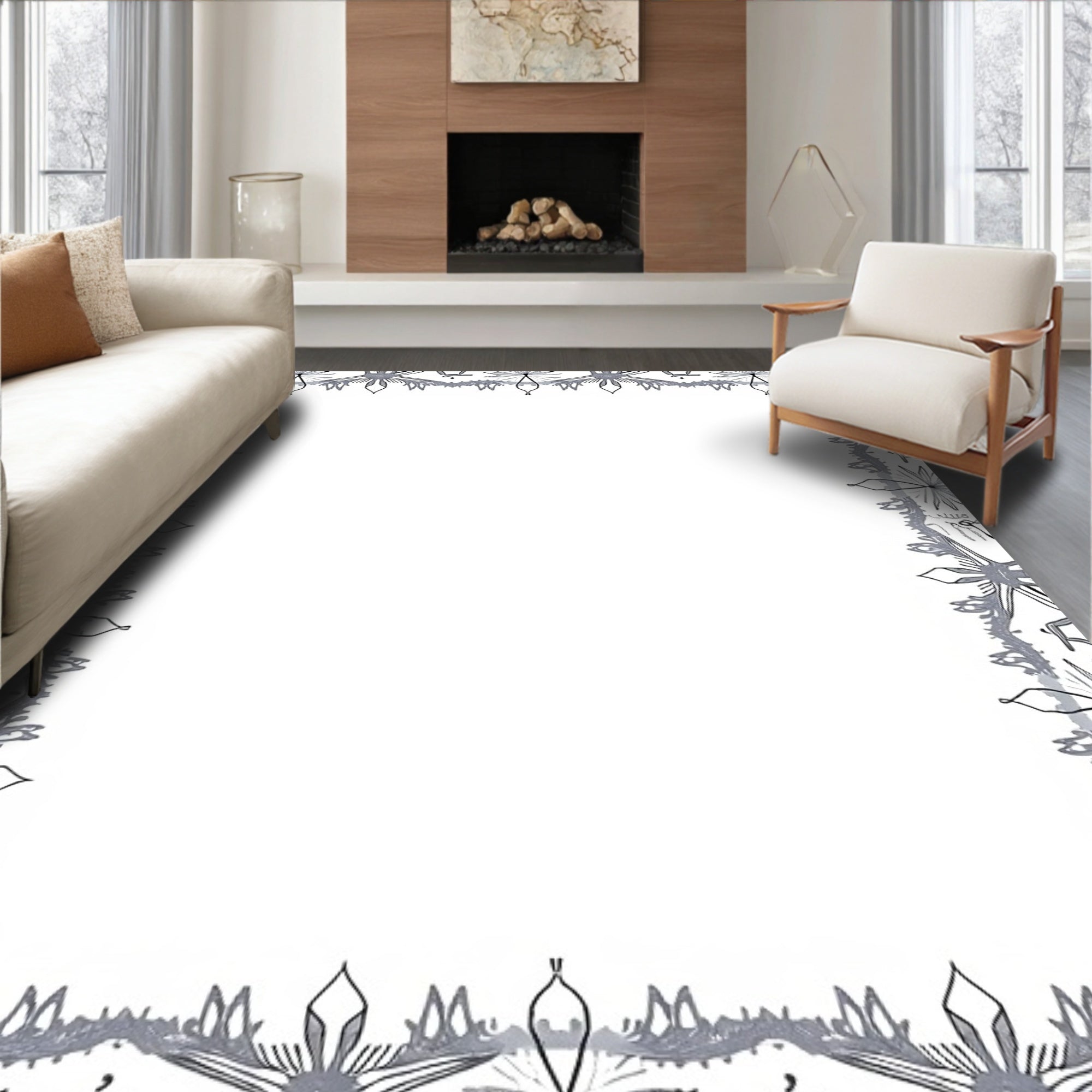 Gray Starburst Geometric Border Rug