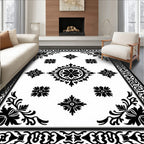 Ornate Black White Floral Medallion Rug