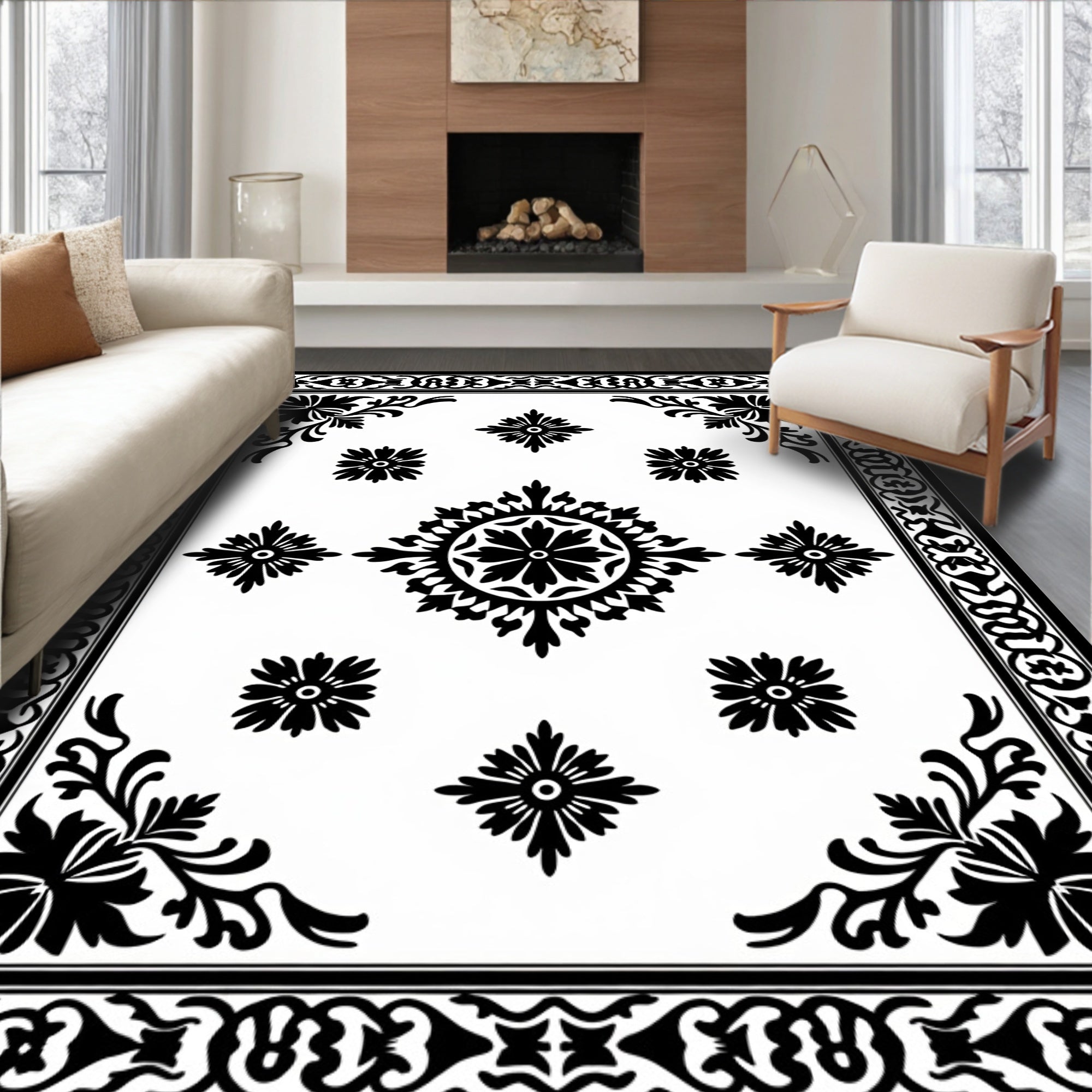 Ornate Black White Floral Medallion Rug