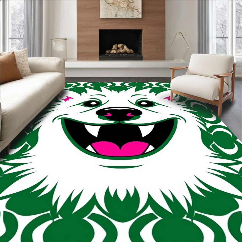 Whimsical White Feline Green Outline Rug