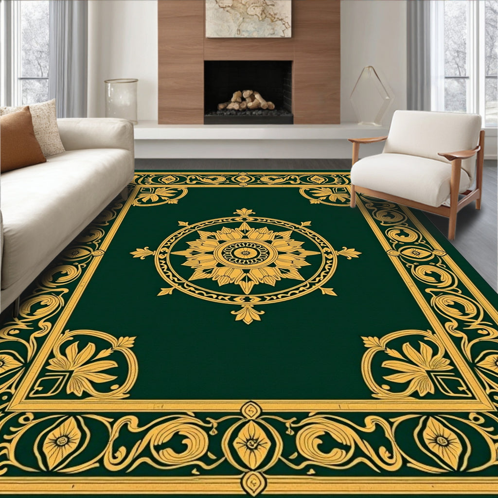 Green and Gold Floral Medallion Border Rug