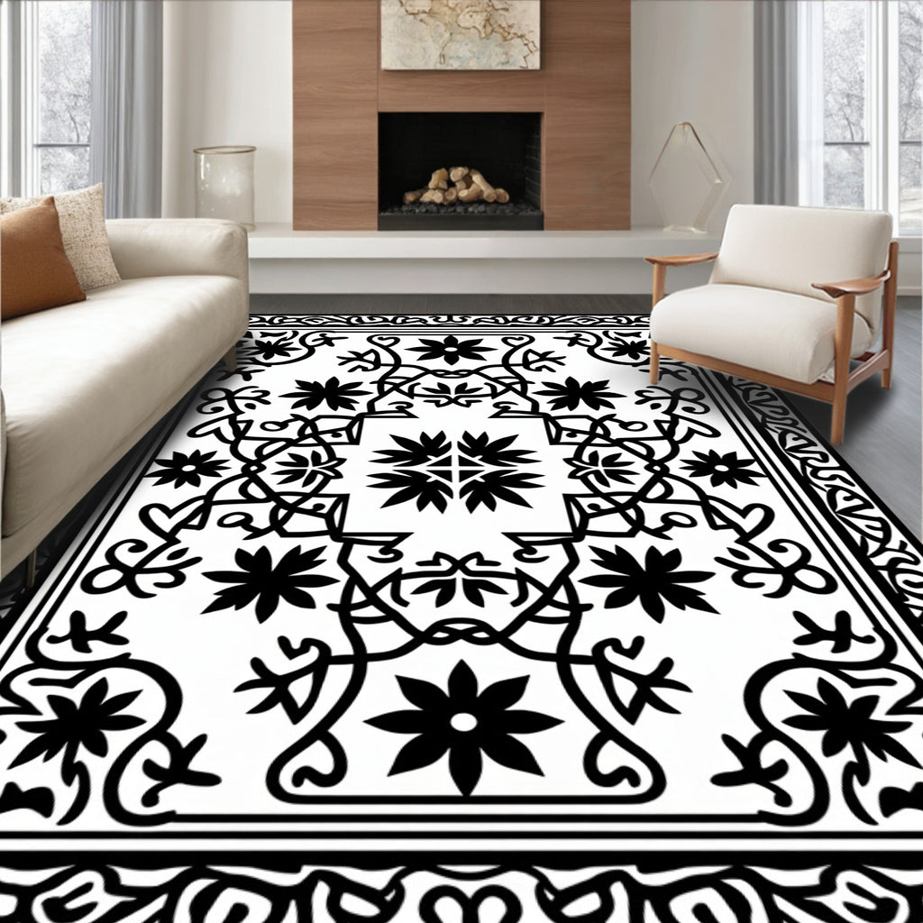 Ornate Black White Floral Vine Rug