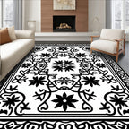 Ornate Black White Floral Vine Rug