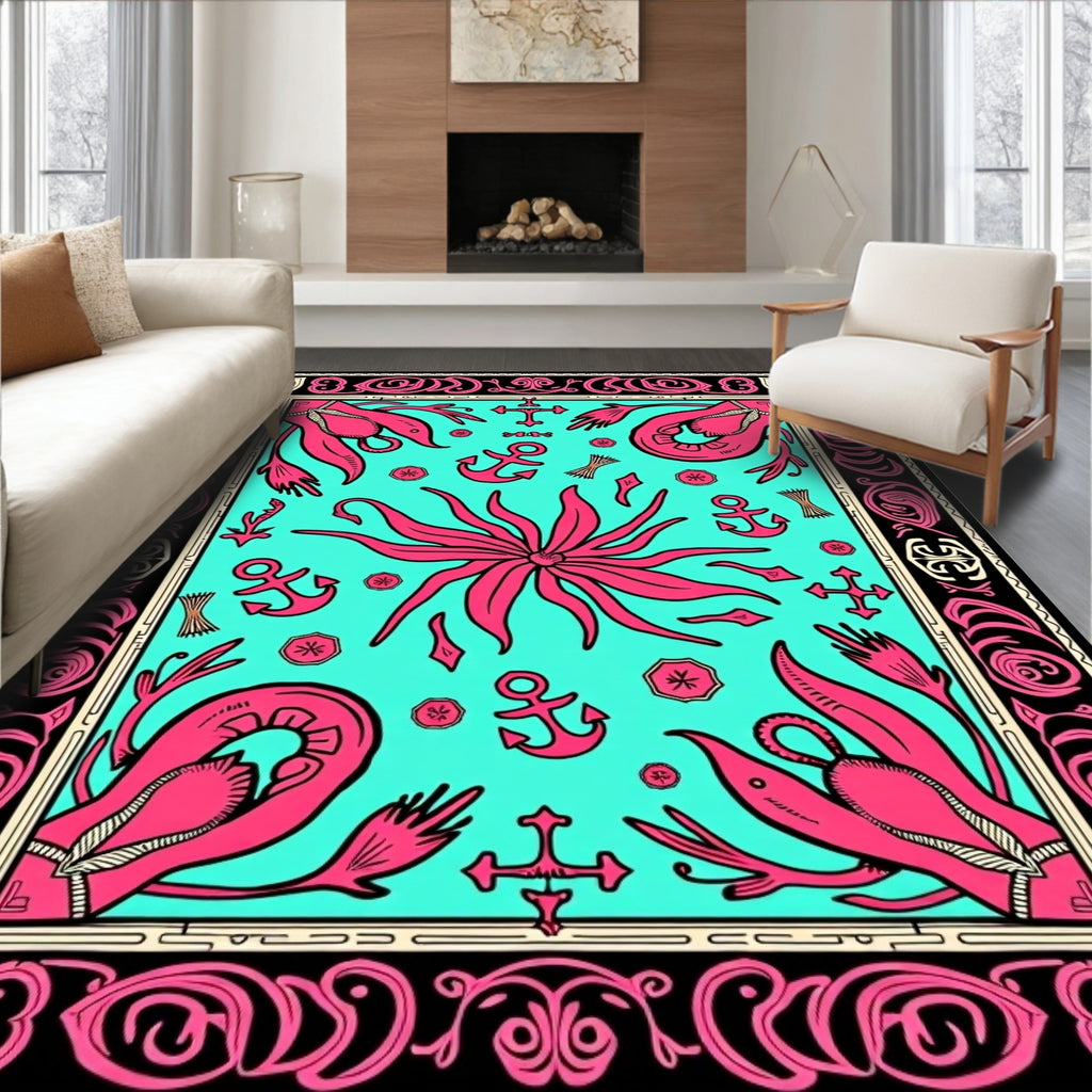 Pink Squid Turquoise Nautical Border Rug