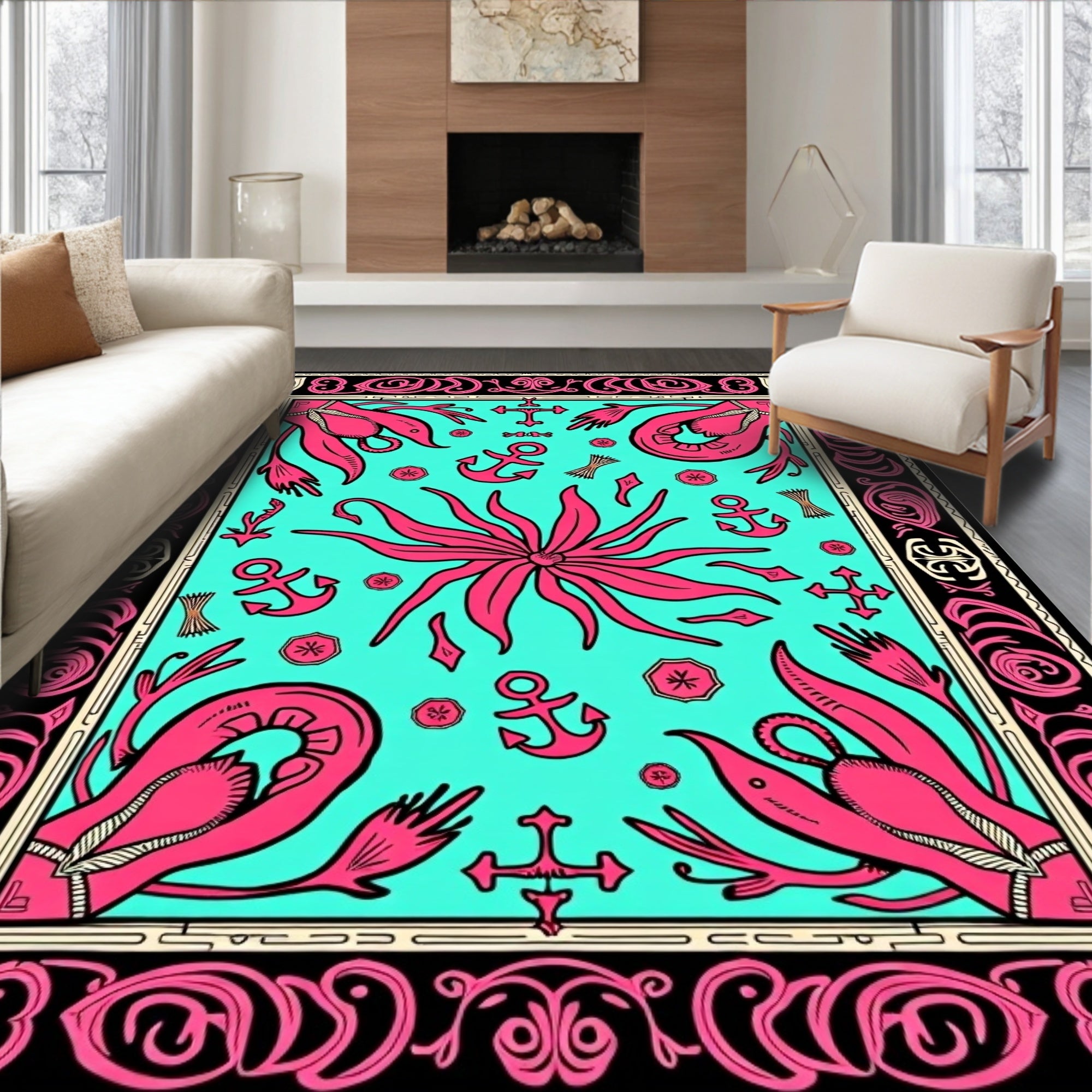 Pink Squid Turquoise Nautical Border Rug