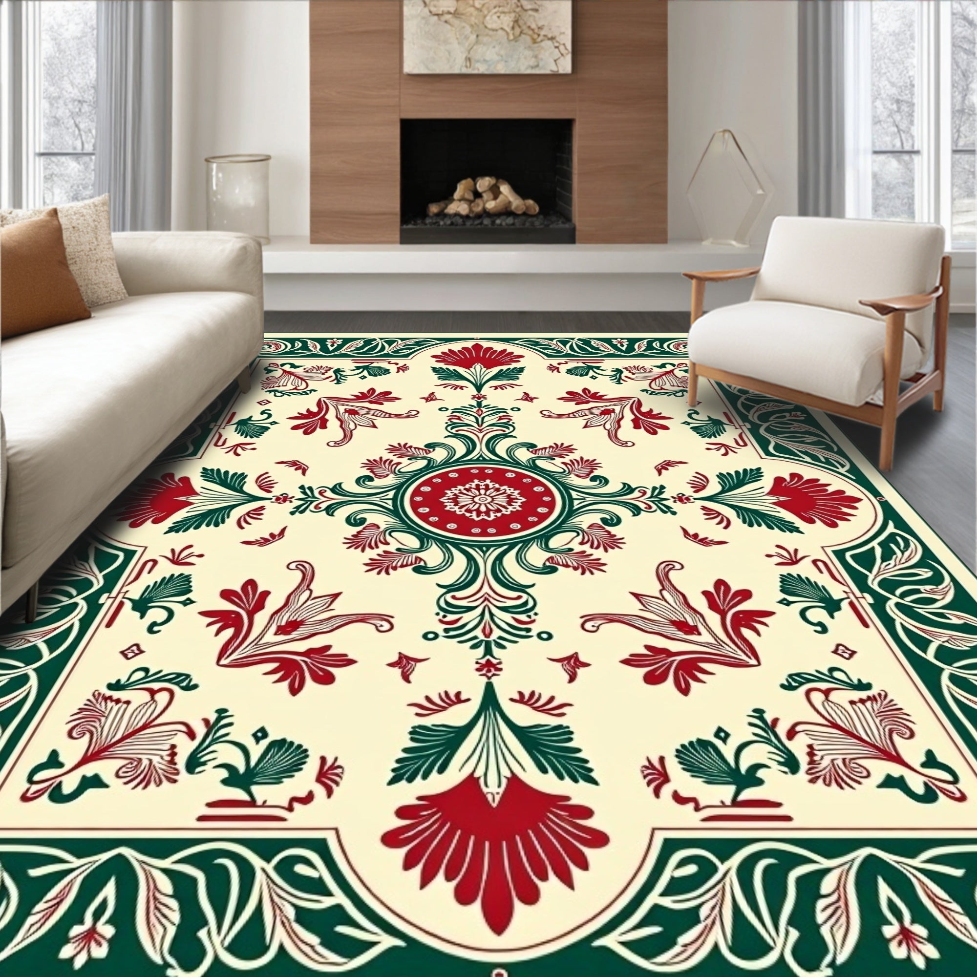 Crimson Green Floral Scrollwork Medallion Rug