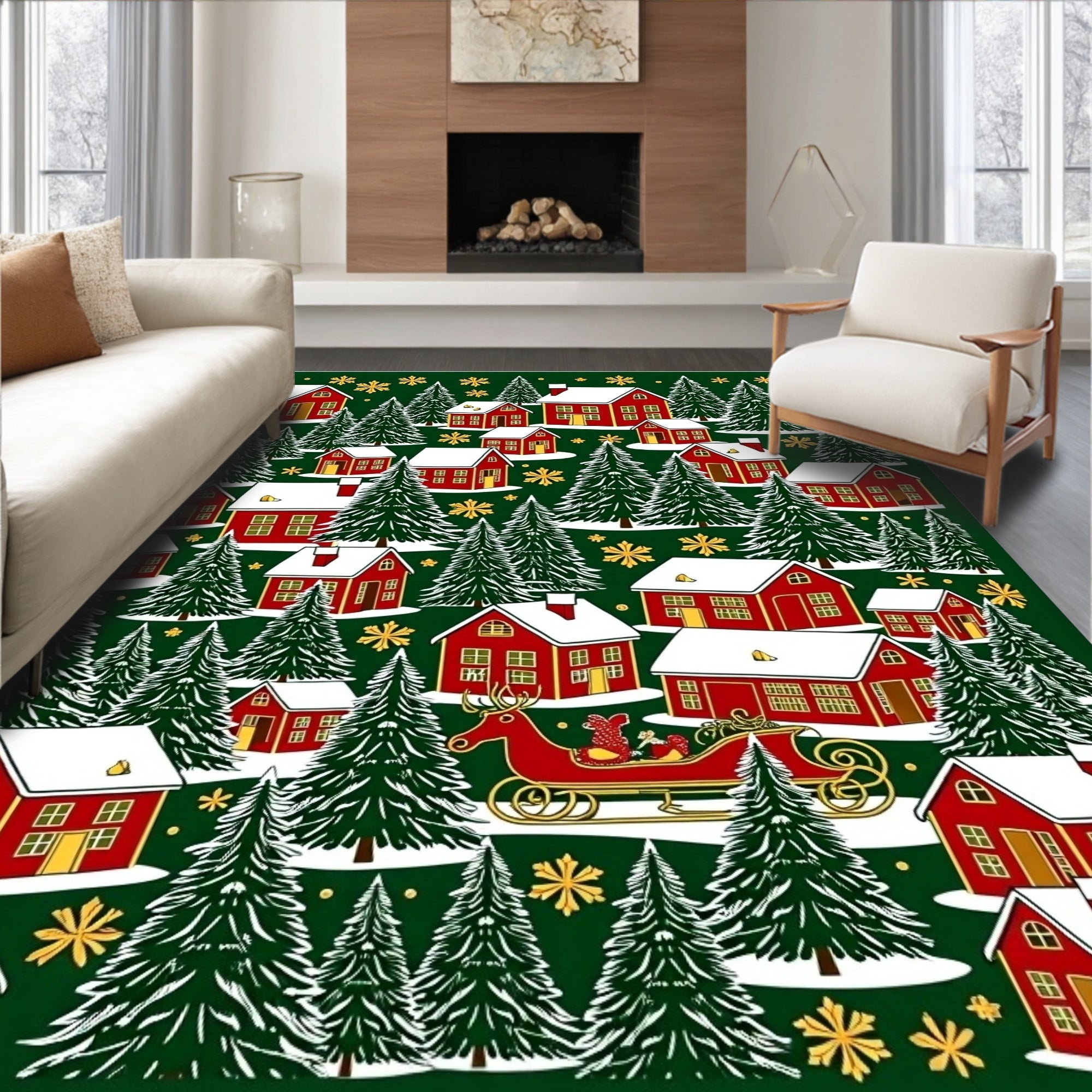 Red Village Snowy Christmas Trees Sleigh Rug