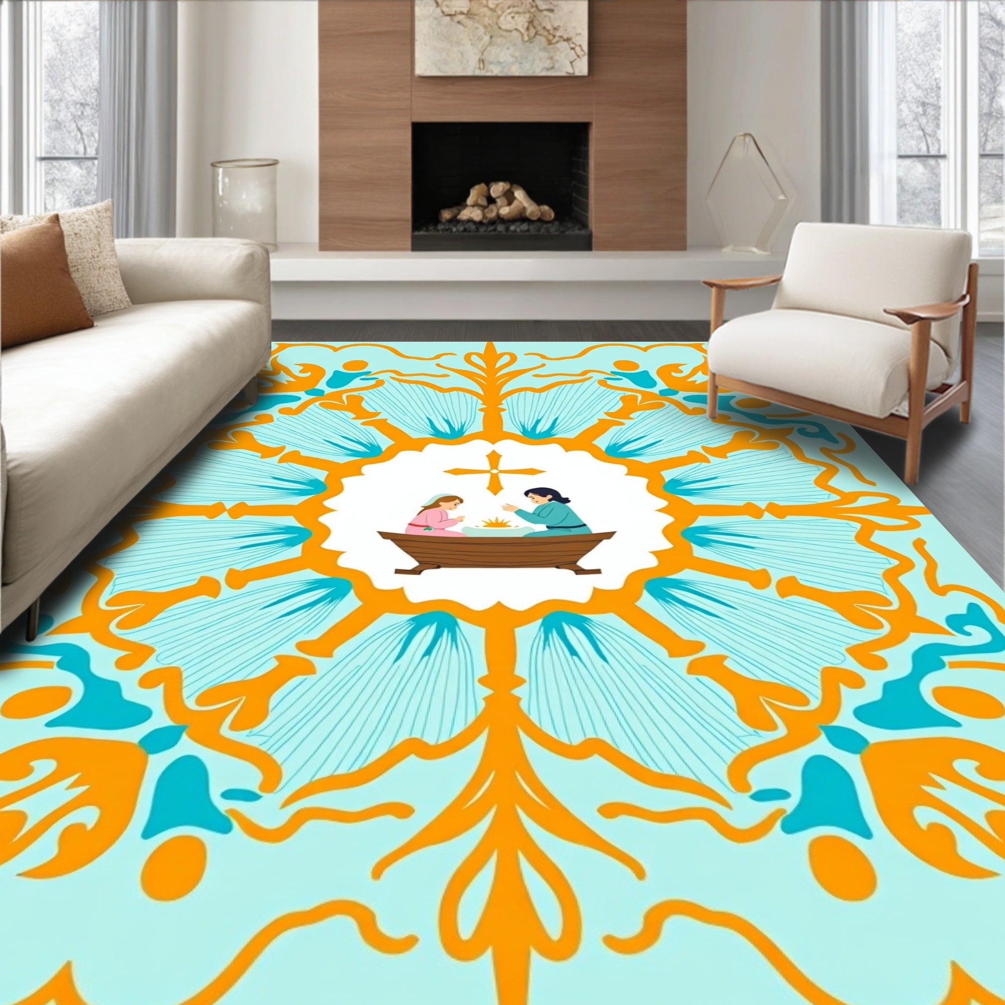 Light Blue Orange Floral Medallion Scene Rug