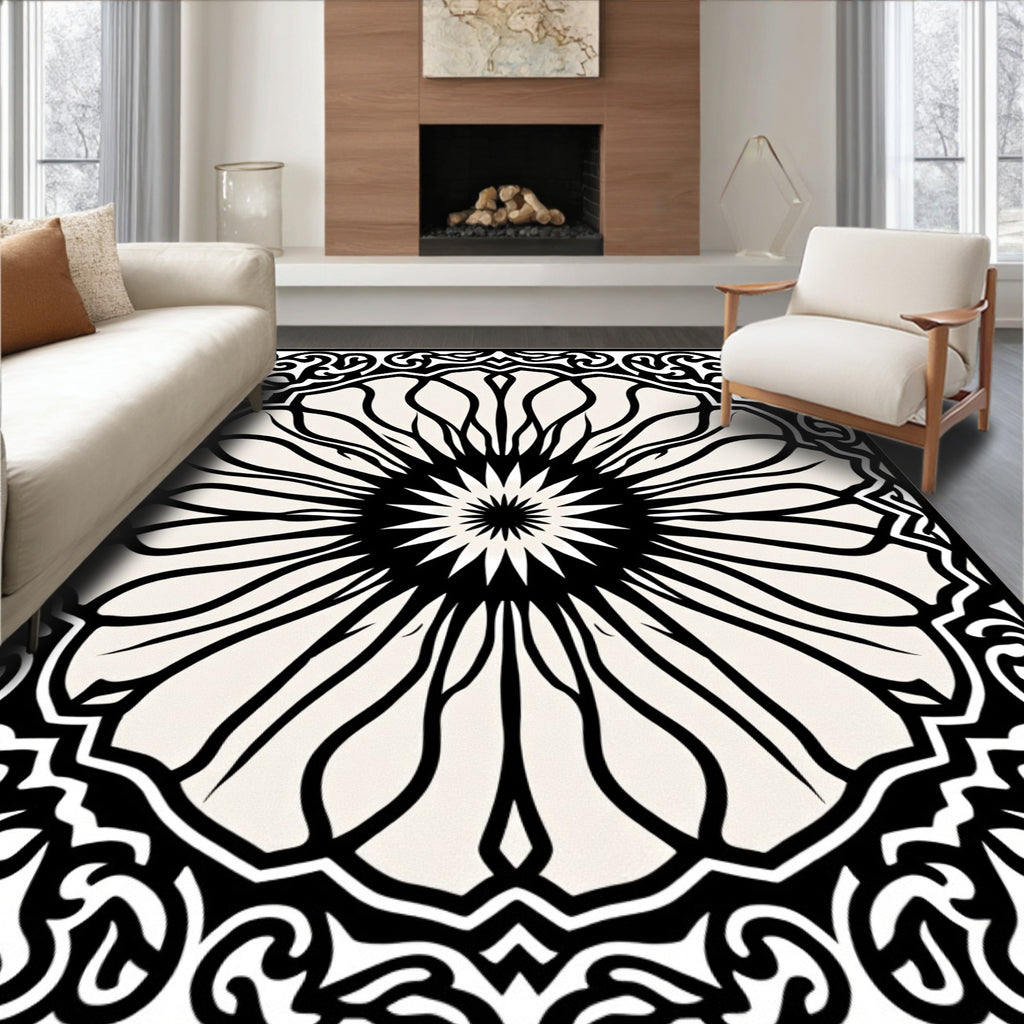 Monochromatic Black Geometric Floral Bloom Rug
