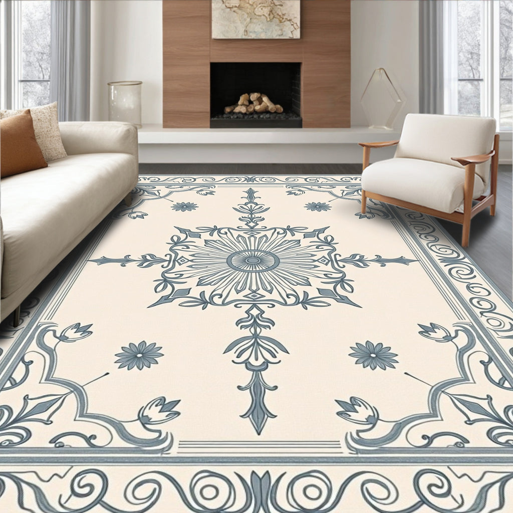 Cream Teal Floral Sunburst Medallion Rug